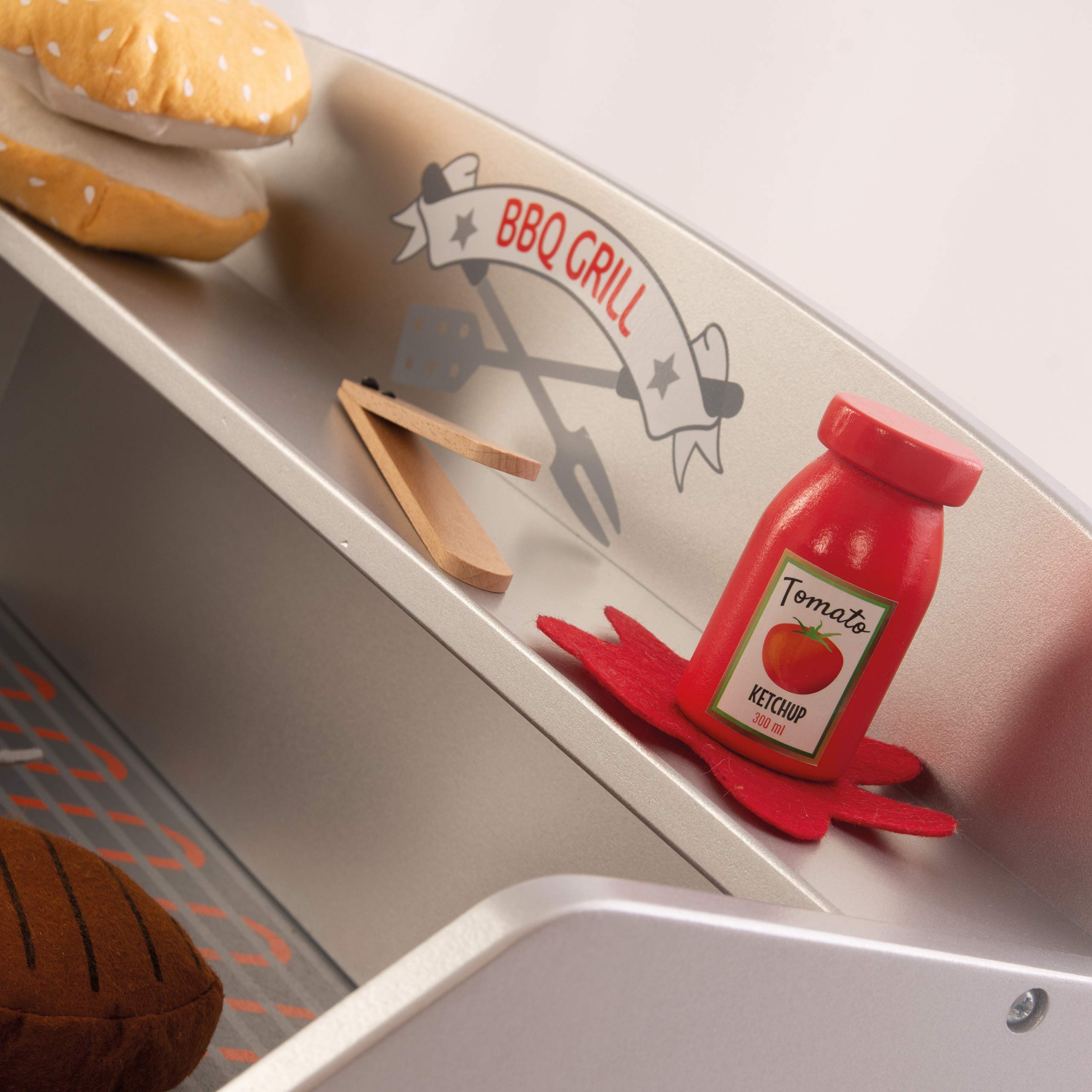 roba Jouet Barbecue en Bois pour Enfant - Cuisine Extérieure + 14 Pièces d'Accessoires et Ingrédients Burger en Peluche
