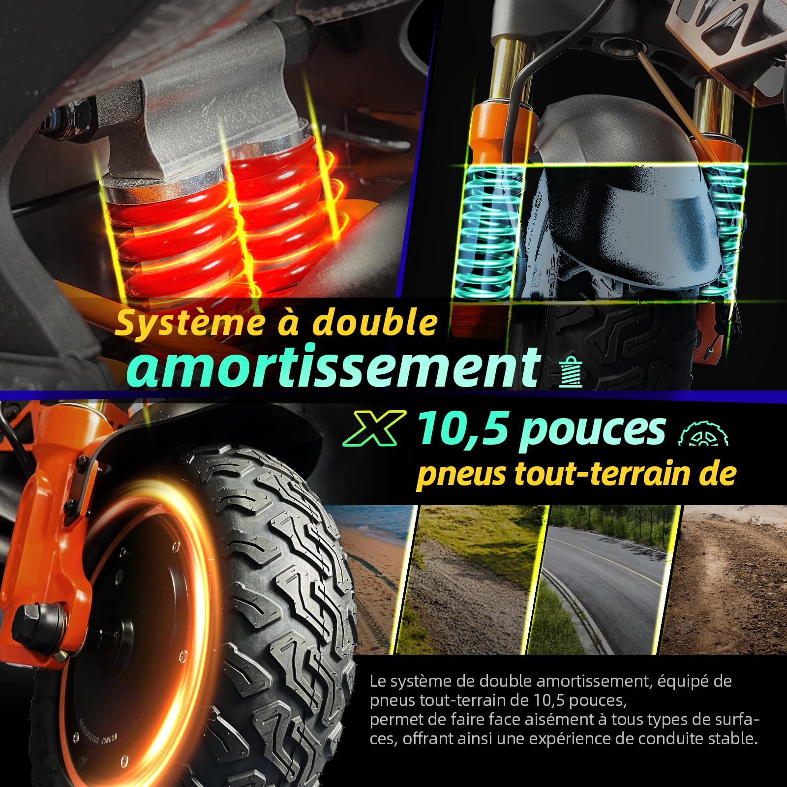 Trottinette Electrique Adulte RZ1000, Dual Motor, Autonomie 70km,1125Wh Batterie,Trotinette Electrique Pliable avec 10.5" Pneu Tout-Terrain,190kg Load,Fingerprint Unlock,Double Amortisseur, App
