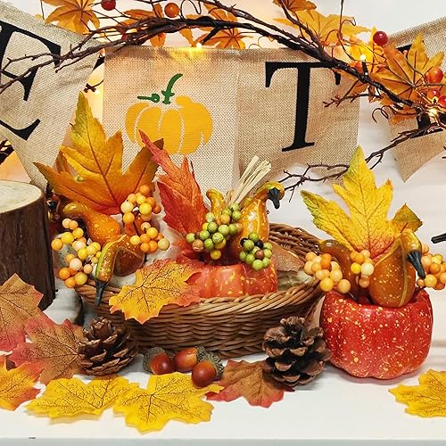 Miniatura 6 de winemana Decoraciones de otoño para el hogar, juego de 6 centros de mesa artificiales de calabaza, bayas y piñas para oficina, Acción de Gracias,