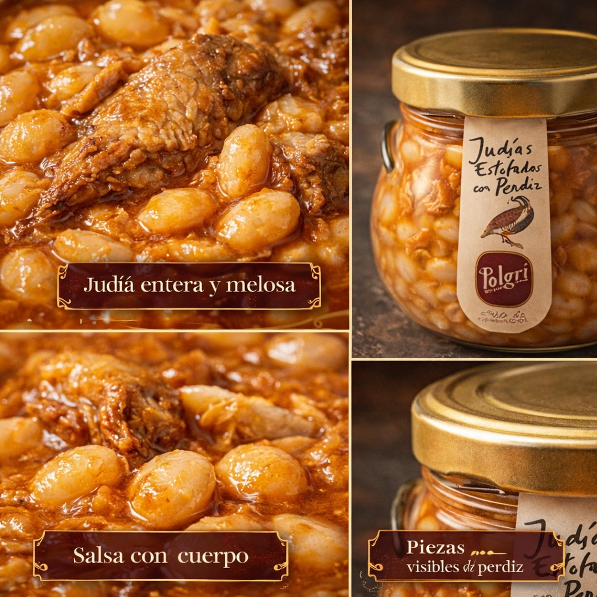 POLGRI Judias Estofadas con Perdiz Gourmet AOVE 640 ml Tarro de Cristal Comida Preparada