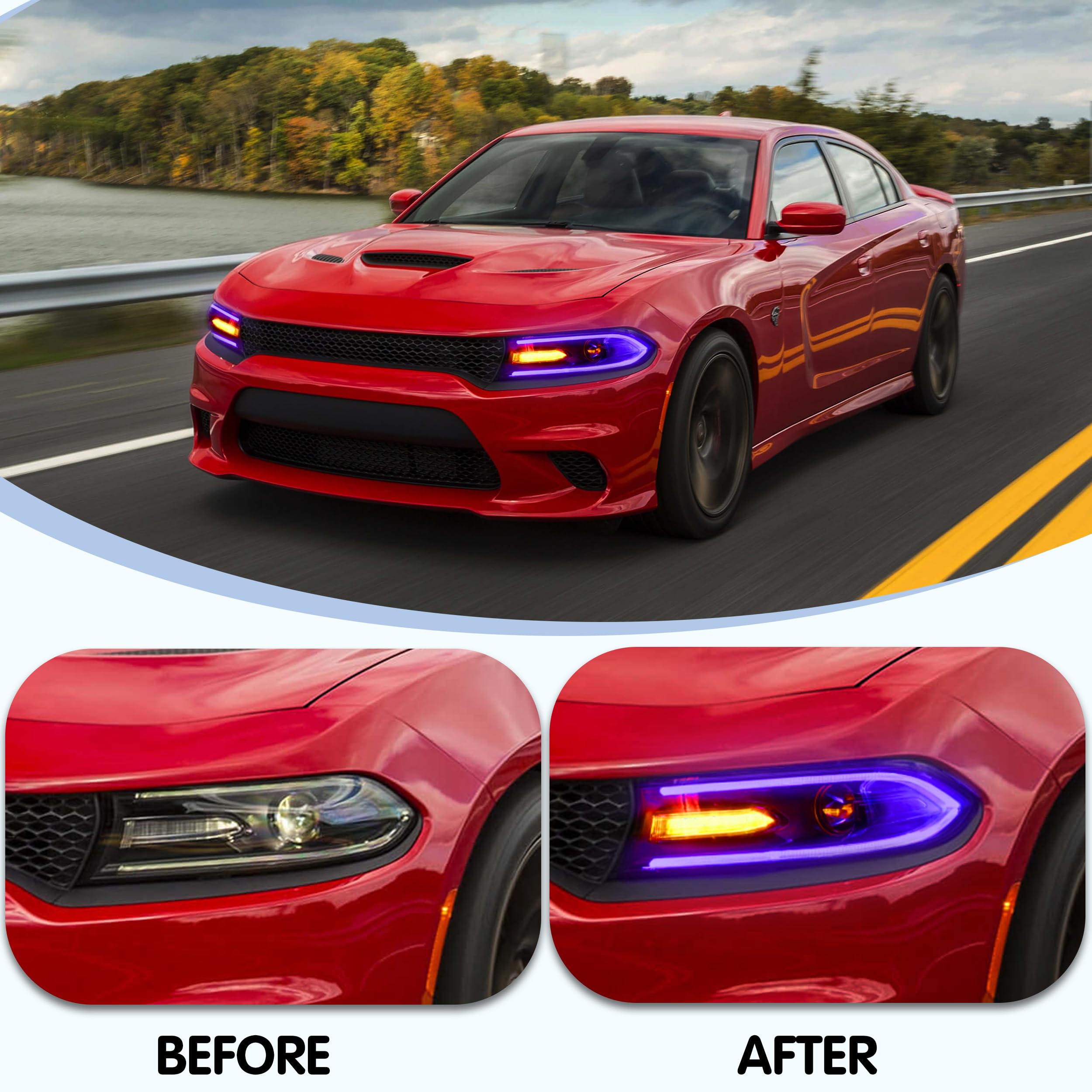 VLAND Reflektory LED dla Dodge Charger 2015 2016 2017 2018 2019 DRL z podwójną soczewką Zestaw czołowej lampy czołowej (RGB)