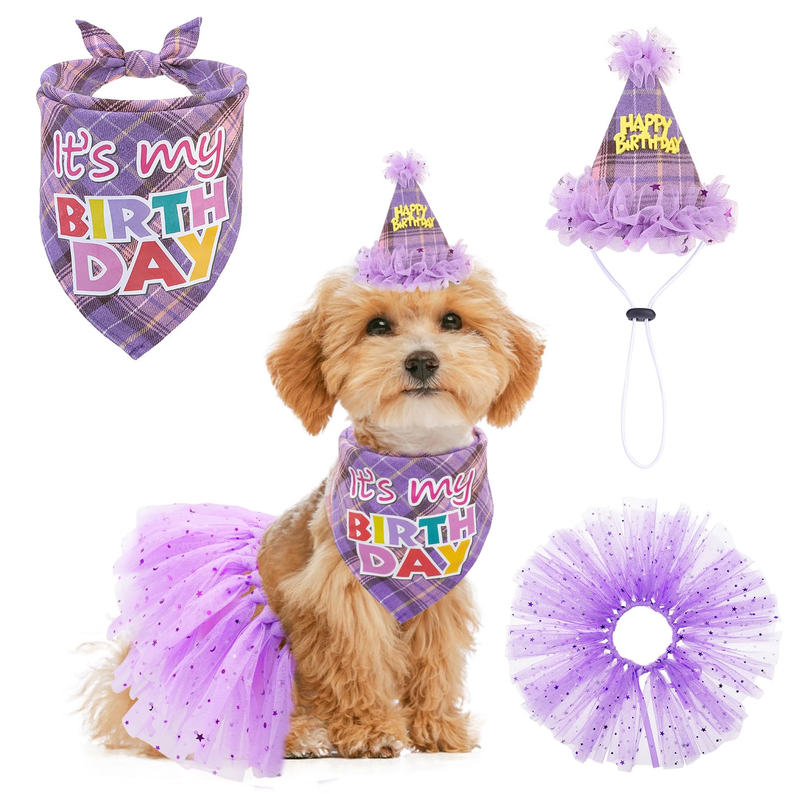 SCENEREAL Girl Dog Party Set - Plaid Dog Dress & Tutu for Small-Medium Dogs, Purple — image 1
