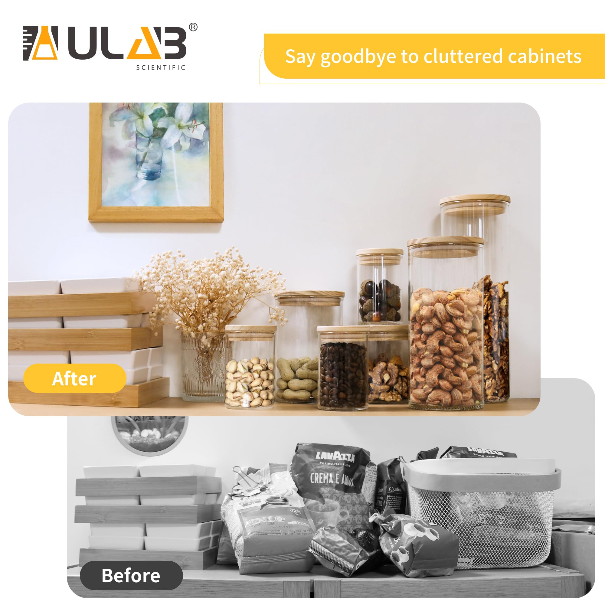 ULAB Juego de recipientes de vidrio grueso para alimentos con tapa, tarro de almacenamiento transparente, juego de recipientes herméticos de vidrio para galletas, pasta, granos de café, USJ1003