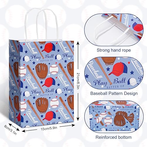 Miniatura 2 de AnyDesign Paquete de 12 bolsas de regalo de béisbol con asa, 4 diseños de papel rojo y azul, bolsas de dulces para regalos de fiesta de cumpleaños,