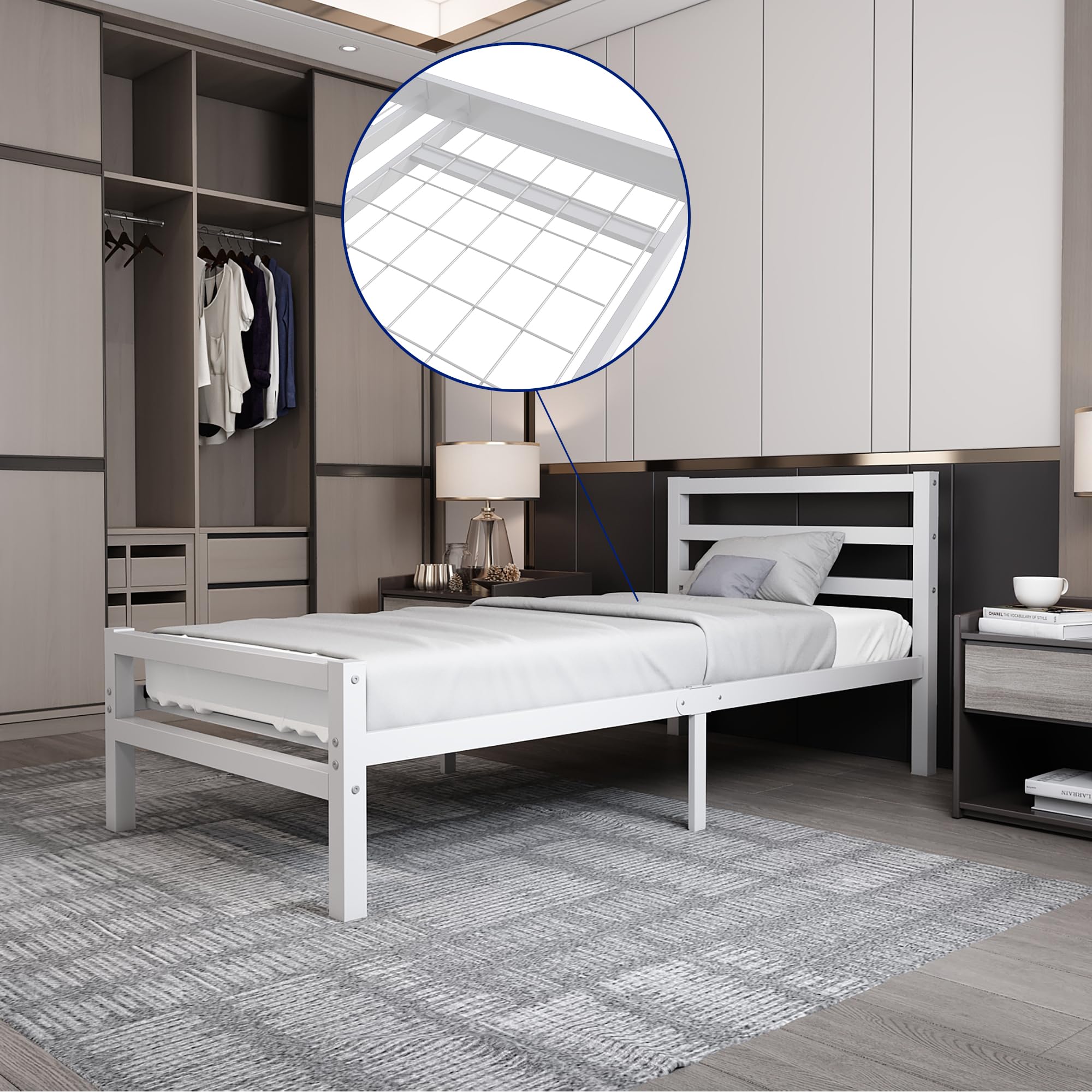 AVENSIS Buhara 3ft Heavy Duty Mesh Base Metal Platform Bed Frame with Headboard and Footboard, Solid Premium Steel, Under Bed Storage Space, Easy Assembly, White, 90x190cm