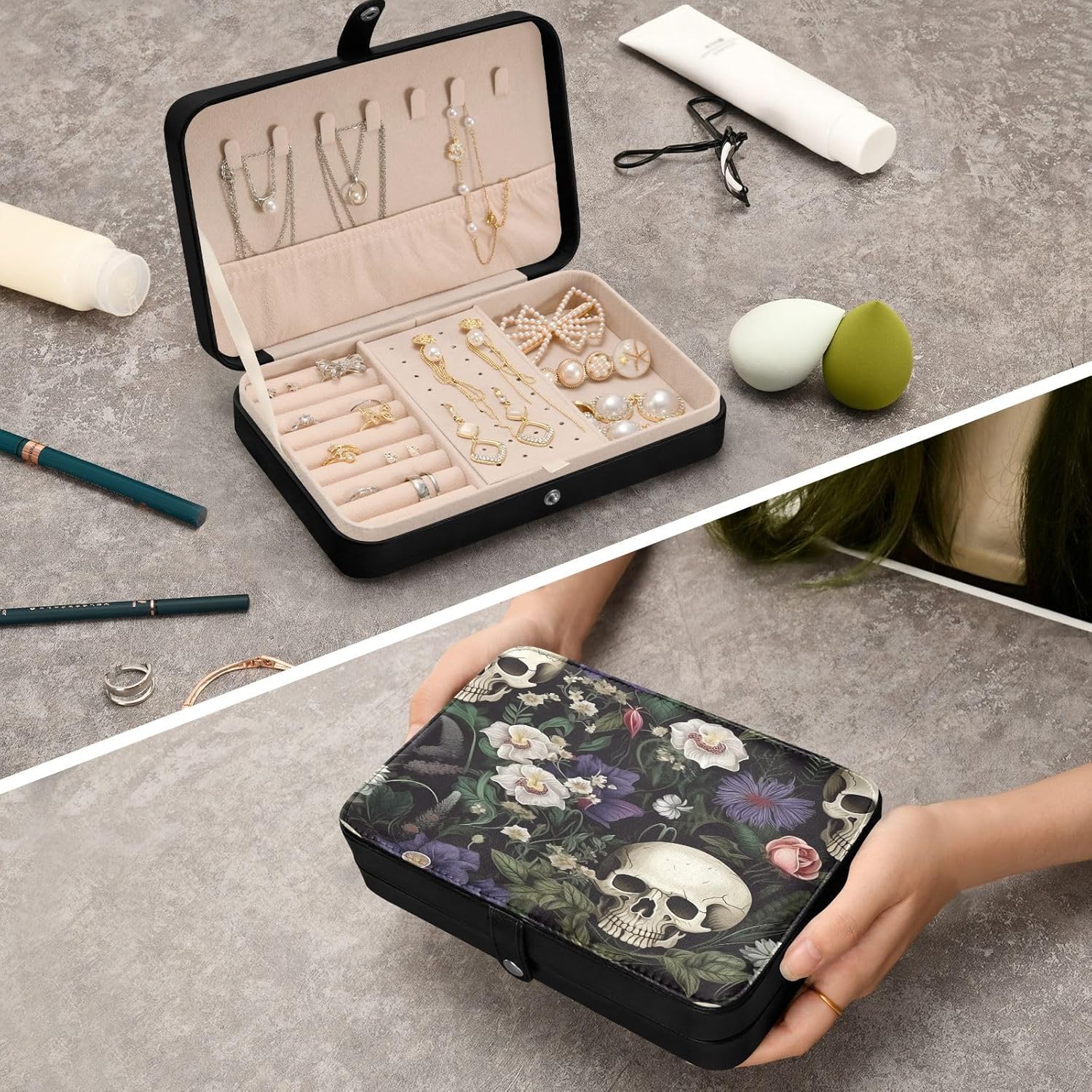 senya Skull Leather Jewelry Box, Skull Purple White Flower Necklace Ring Earrings Storage Organizer for Women Travel Jewelry Organizer