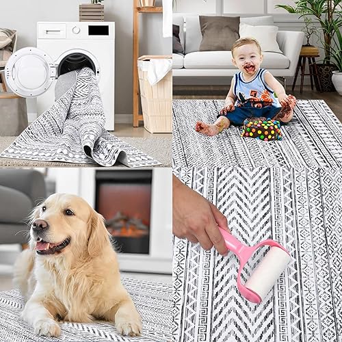 Miniatura 7 de Fashionwu Alfombra geométrica de 5 x 7 pies lavable color gris y blanco suave de pelo bajo retro antideslizante para sala de estar dormitorio