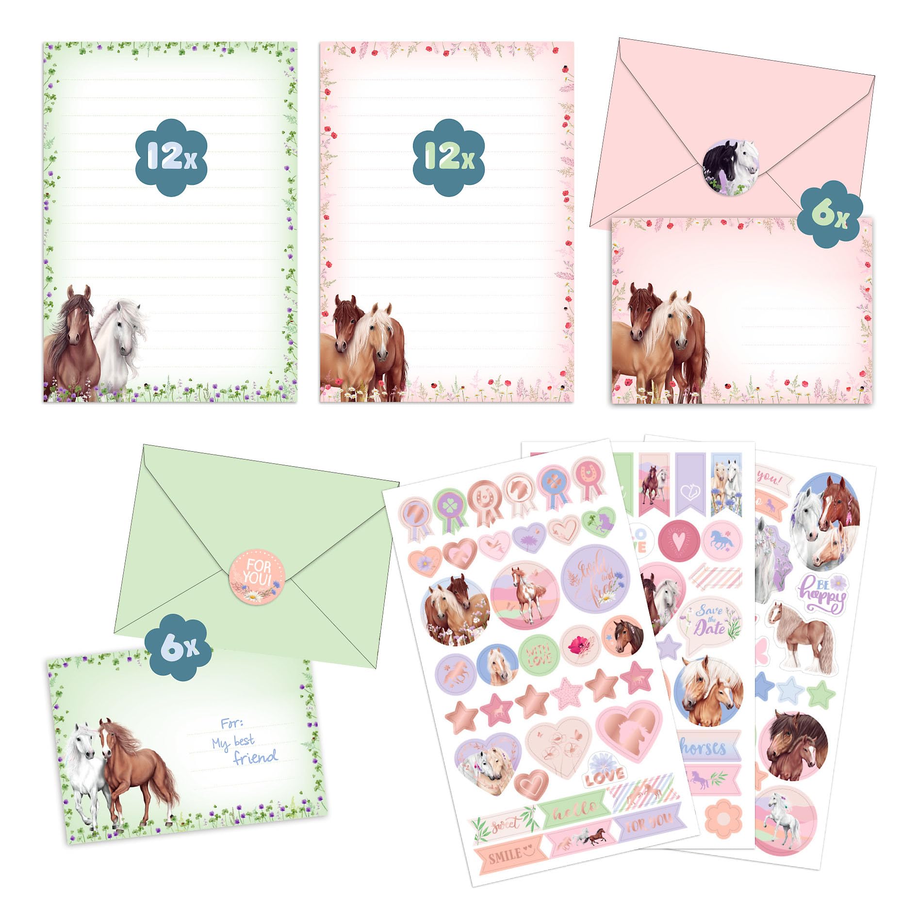 Depesche Miss Melody Set Papier à Lettres Chevaux Fleurs Pochette