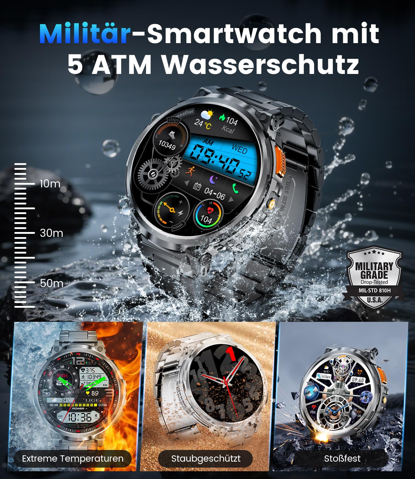 ESFOE Reloj Inteligente Hombre Militar con 1000mAh/LED Linterna,1.85” Grandes Smartwatch Hombre Llamadas,5 ATM Impermeable/130+ Modos Deportivos/Pulsómetro,Pulsera Actividad Android iOS Carbón Mate