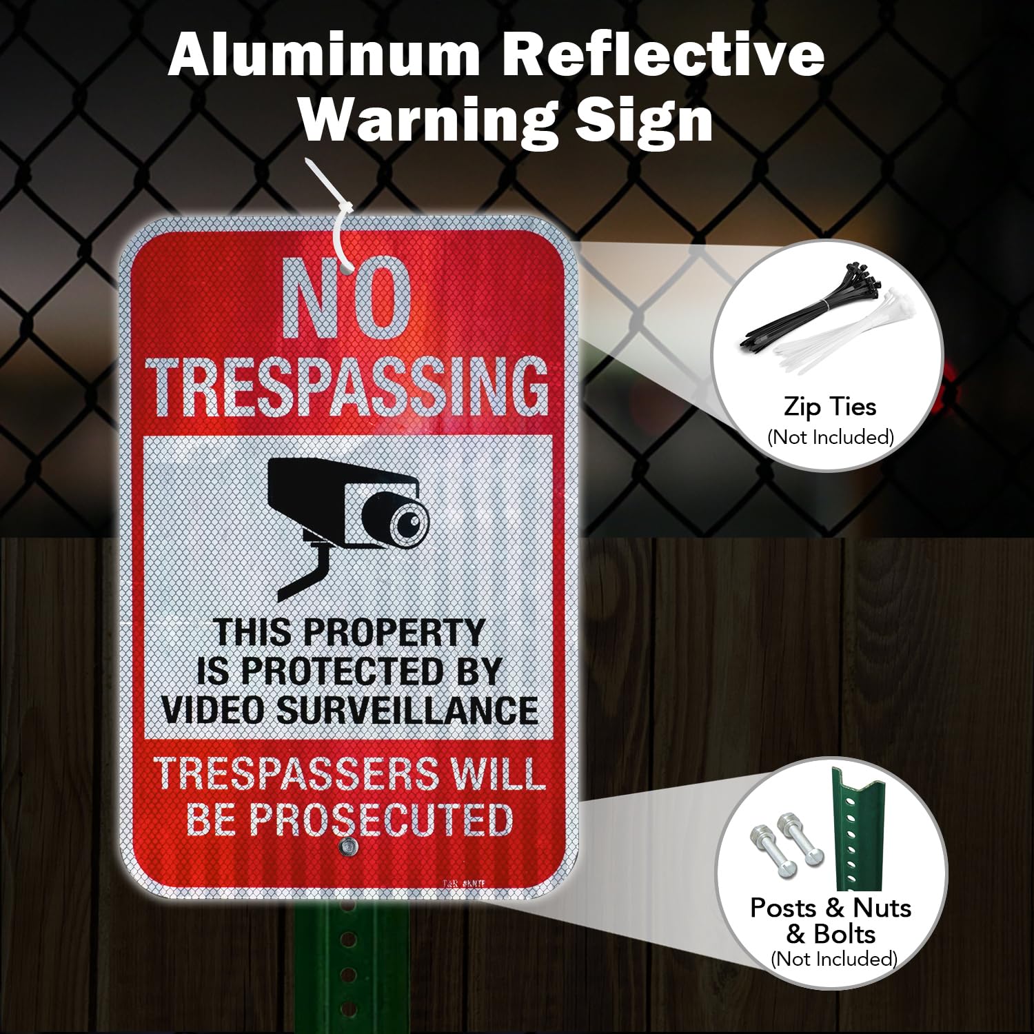 T&R Letrero grande de videovigilancia con texto en inglés "No Trespassing", 18 x 12 pulgadas, lámina reflectante de grado ingeniero, aluminio libre de óxido, resistente a la intemperie, impermeable