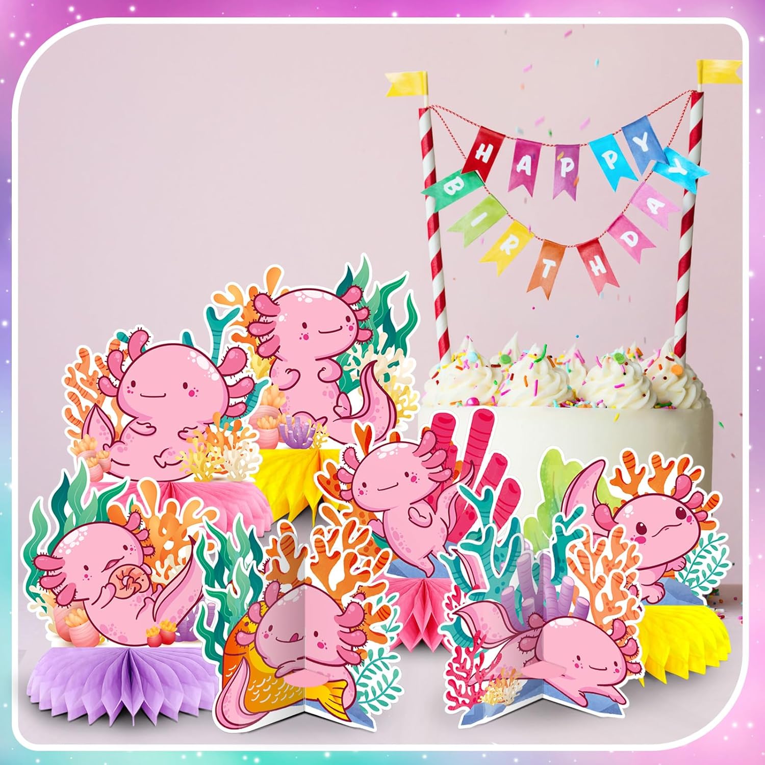 Liliful 12 Pcs Axolotl Birthday Party Decorations Axolotl Honeycomb Centerpieces Table Decoration 3D Double Side Cute Table Topper for Axolotl Backdrop Party Favor