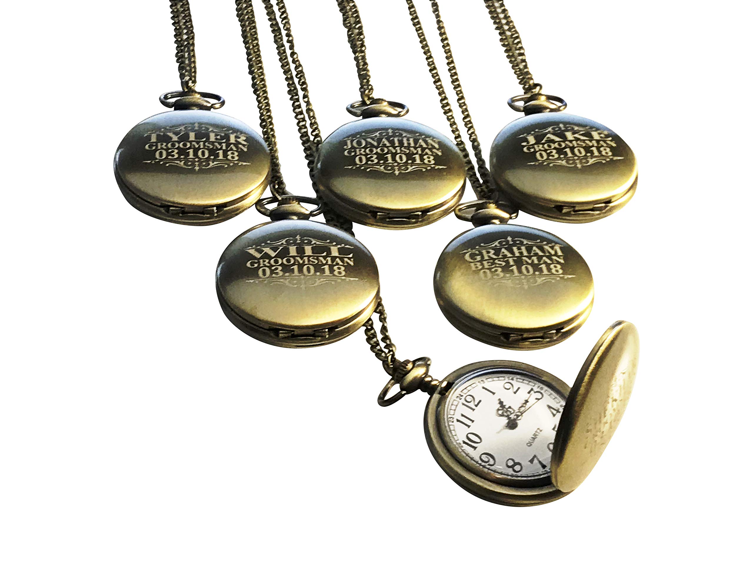 Eternity Engraving inc. 5 Custom Engraved Pocket Watches - Gift Set for his or her Wedding Groomsmen Personalized Watches with Chain and Box Included (Rose Gold)