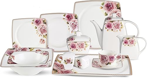 Lorenzo - Juego de vajilla de porcelana de hueso elegante, 57 piezas, para 8 juegos de vajilla Loretta, multicolor