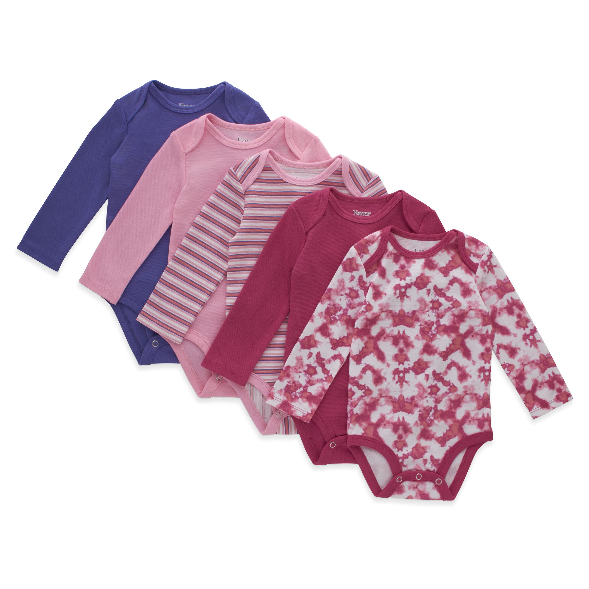 Hanes Ultimate Flexy Body z długim rękawem dla chłopców i dziewcząt, 5 sztuk, fioletowy/różowy, 0-6 miesięcy, Fioletowy/różowy, 0-6 miesi?cy