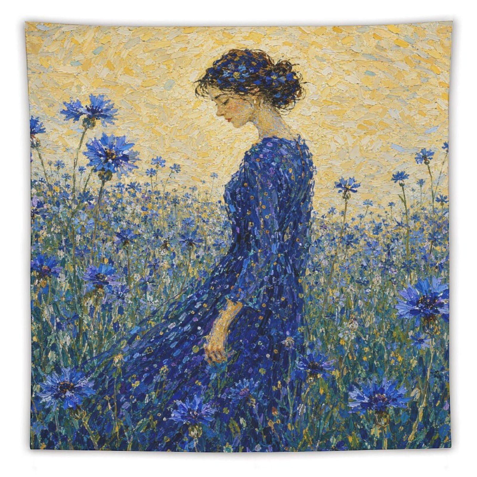 H3B8U2Y5 Woman in Blue Flower Field Wall Tapestry, Impressionist Botanical