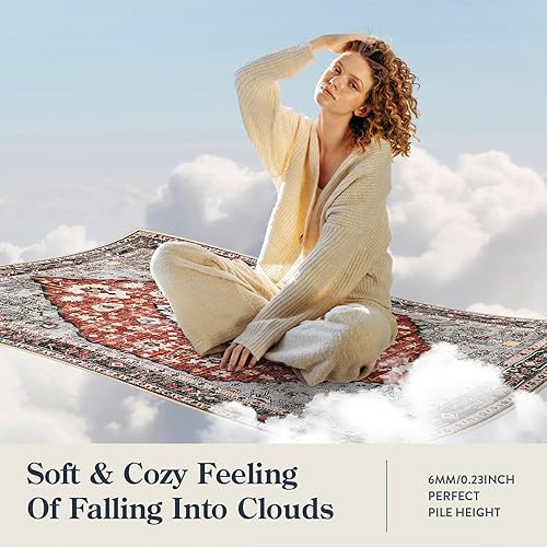 Miniatura 5 de Lahome Alfombra tribal bohemia de 2 x 3 pulgadas, pequeña, color rojo, oriental, para dormitorio, suave, lavable, antideslizante, alfombra de baño