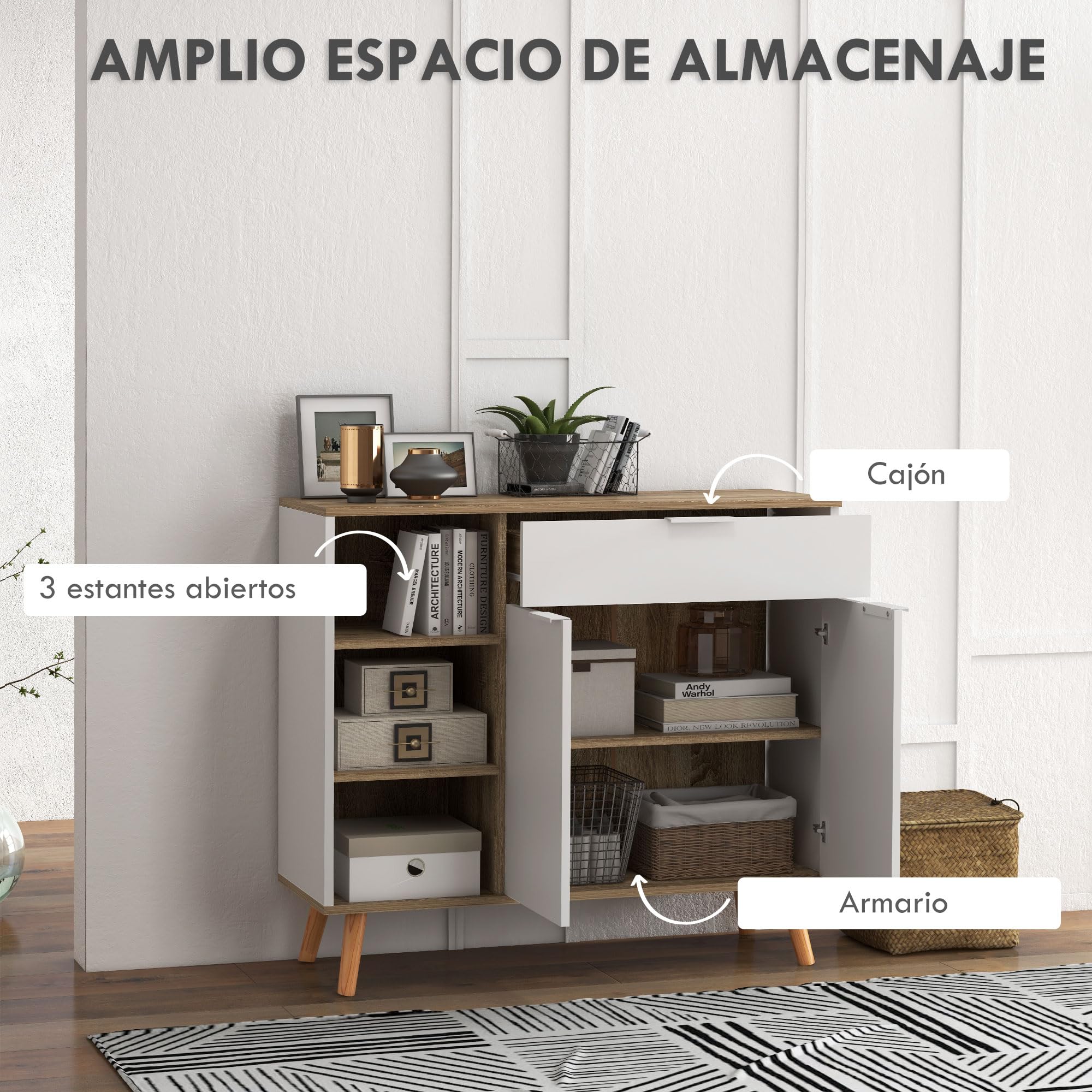 HOMCOM Aparador de Salón Moderno Aparador de Cocina con 1 Cajón 2 Puertas de Cierre Suave y Estantes Ajustables para Comedor Pasillo Dormitorio 95x35x85 cm Blanco y Natural