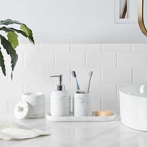 Miniatura 3 de Juego de accesorios de baño, juego completo de accesorios de baño de resina de 5 piezas con dispensador de lociónbomba de jabón, tarro de algodón,