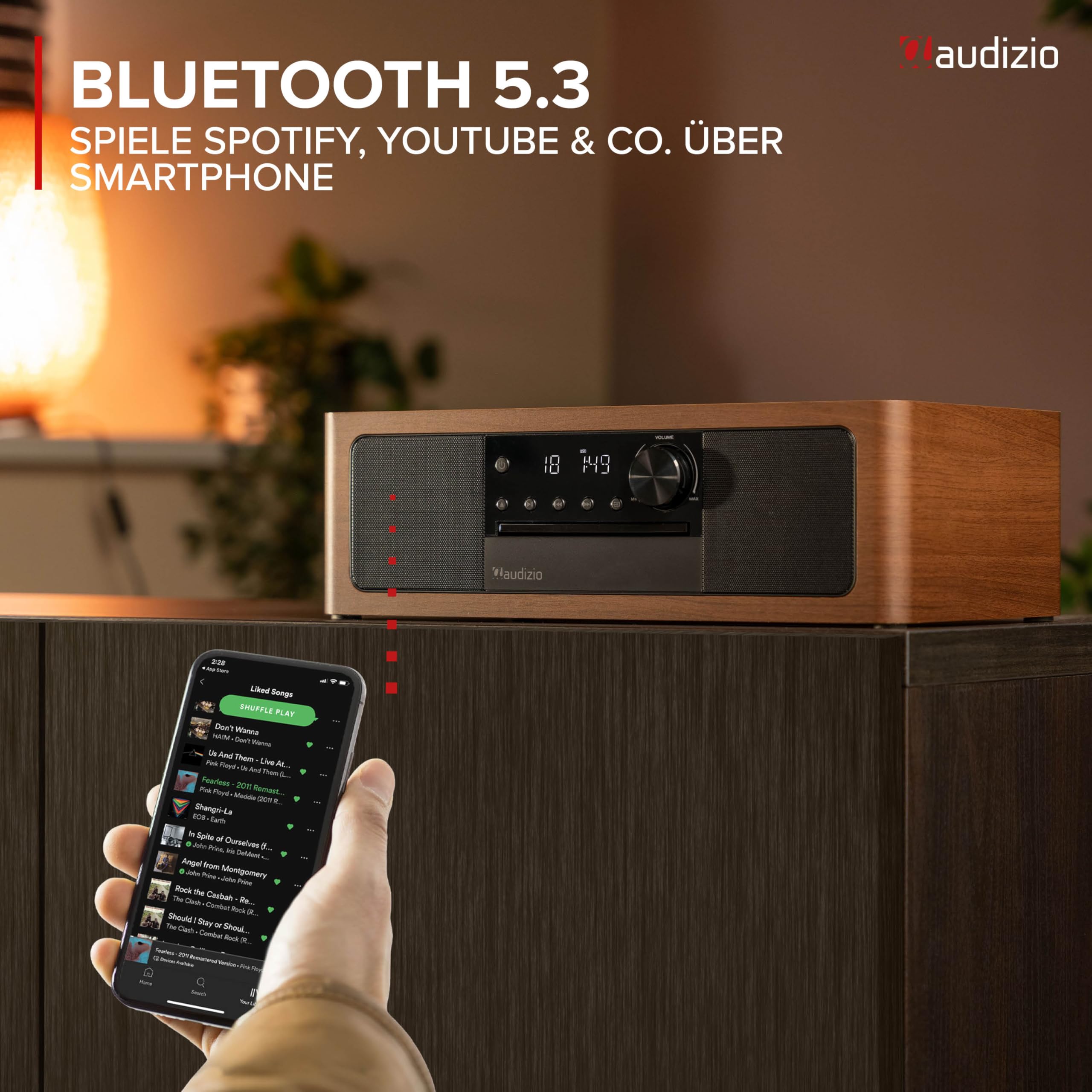Audizio Lunata - DAB Radio mit CD Player, 100W Stereoanlage mit CD & Bluetooth 5.3 - Musikanlage mit HDMI, USB & AUX, DAB Plus Radio Musikanlage mit Fernbedienung - Schwarz/Holz