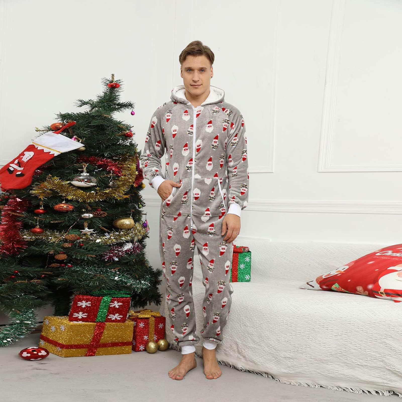 Generisch Męski kombinezon Onesie na Boże Narodzenie, delikatny flanelowy kombinezon polarowy, piżama, z długim rękawem, jednoczęściowy, na zimę, do domu, dla nastolatek i dziewcząt