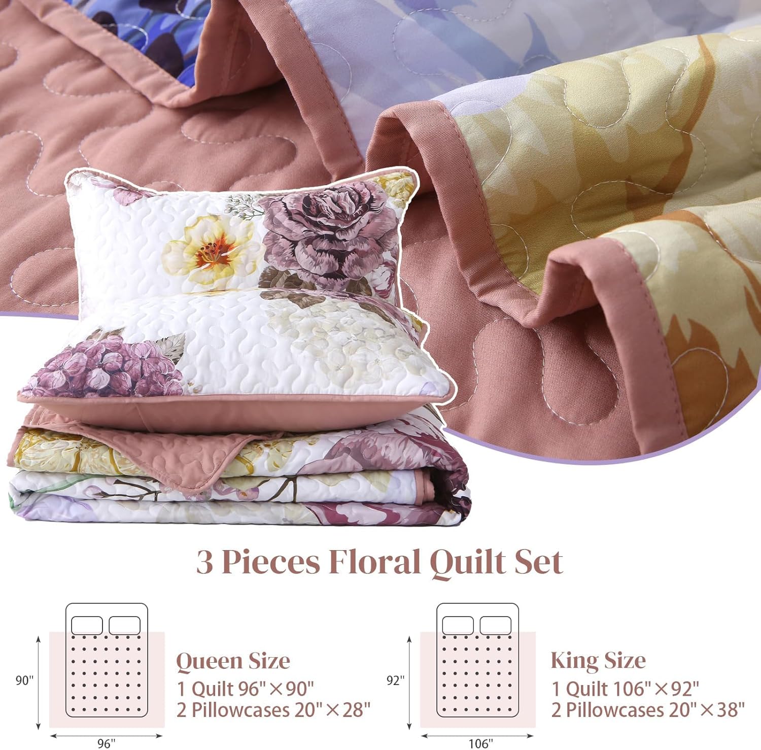 Blush Quilt Set Queen Size, 3 Pieces Elegant Floral Bedspread Coverlet Set with 2 Pillow Shams, Soft Microfiber Reversible Quilt Bedding Set for All Season 96"×90"