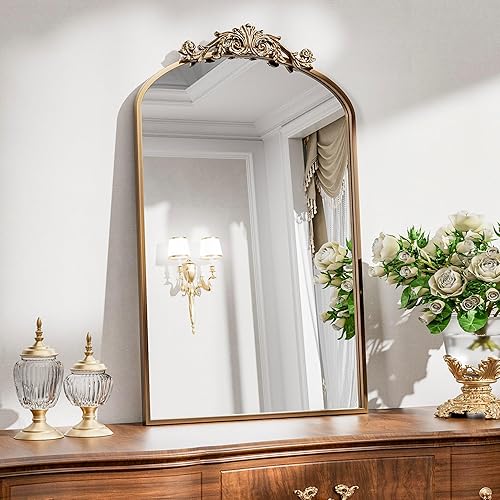 Miniatura 2 de Espejo de pared arqueado antiguo, espejo de baño dorado vintage de 24 x 36 pulgadas, espejo de latón con marco de metal barroco para sala de estar,