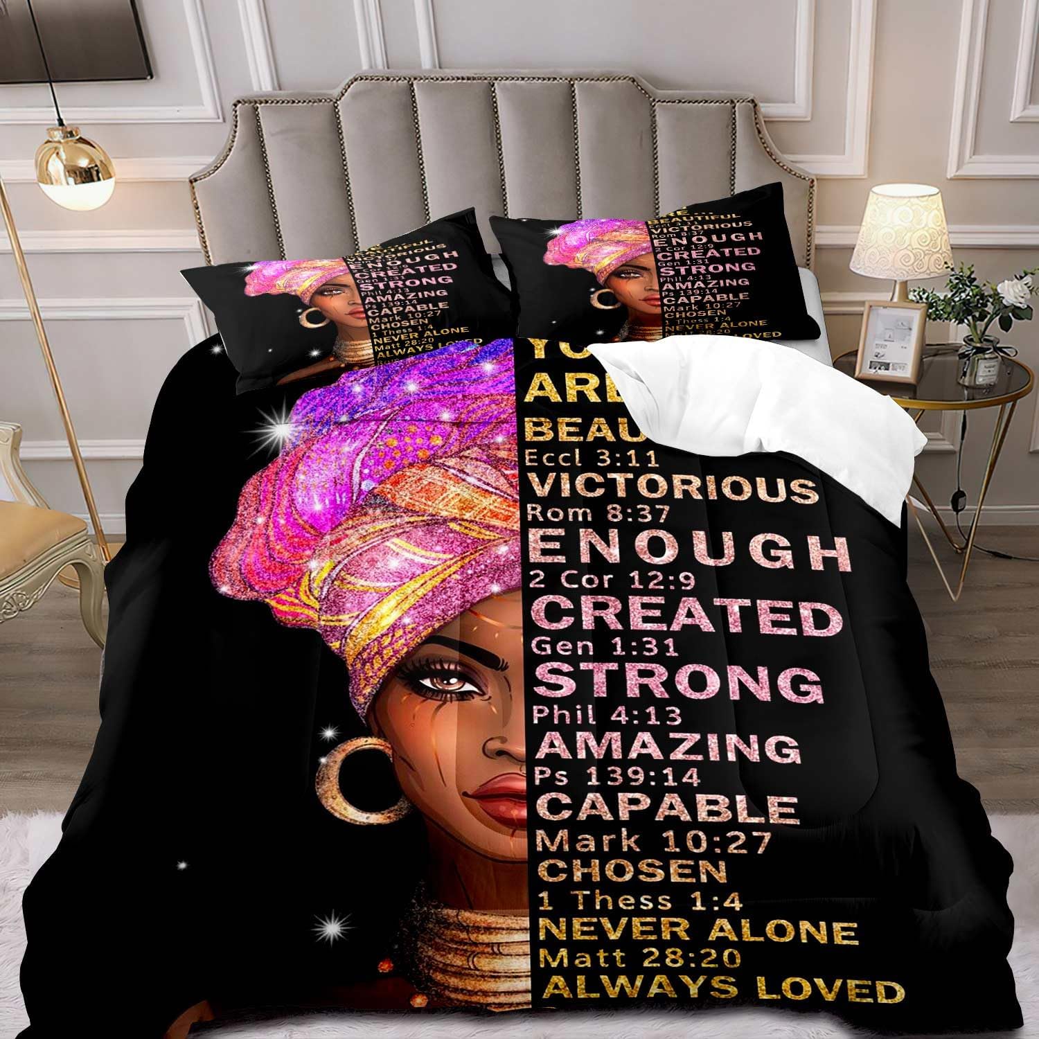 LUVIVIHOME 3PCS African American Girl Comforter Set, Queen Size, Modern Grey Paris Eiffel Tower Pink Floral Women Melanin Queen Black Girl Magic Bedding, 2 Pillow Cases