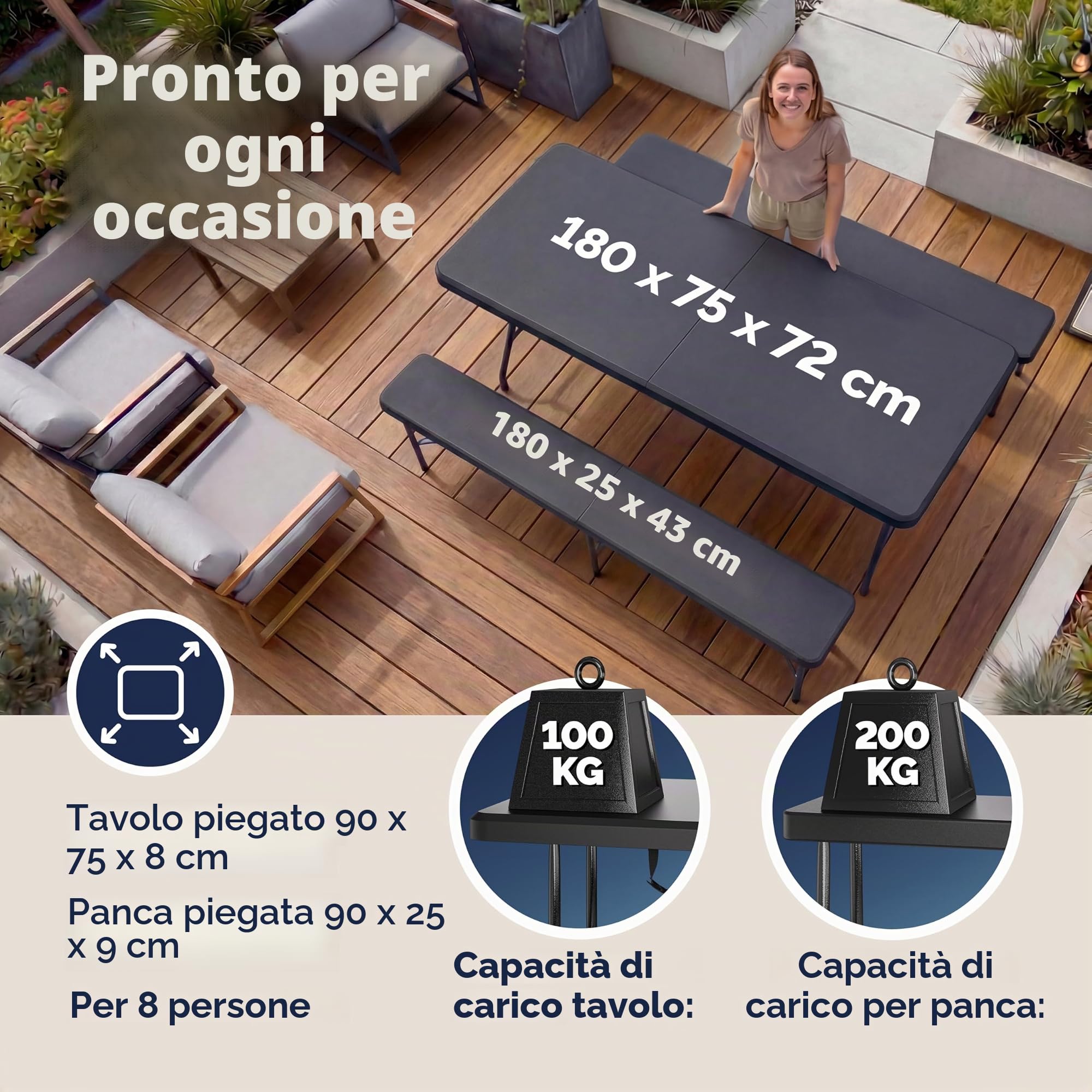 Casaria® Set da Birreria Pieghevole in Plastica con Maniglia Tavolo 2x Panca 3 Pezzi 180cm Campeggio Giardino Sagra