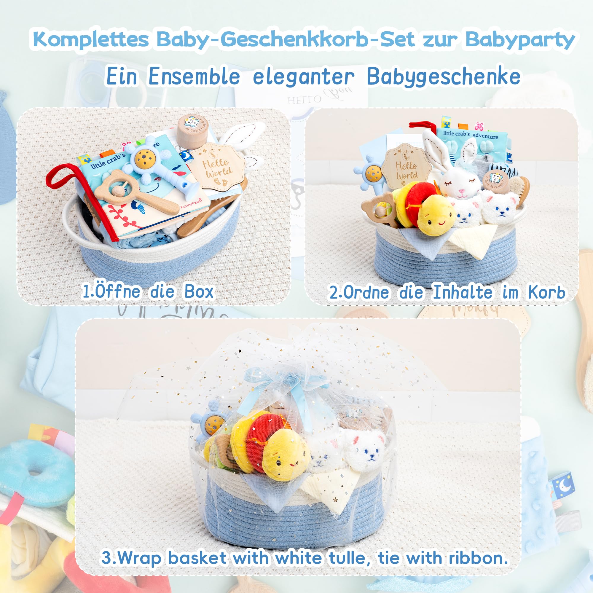Neugeborenen Geschenk 24-teiliges，Baby zubehör, Strampler, Schnuffeltuch, Rassel & Karte，Geschenk zur Geburt für Babys (Blau)