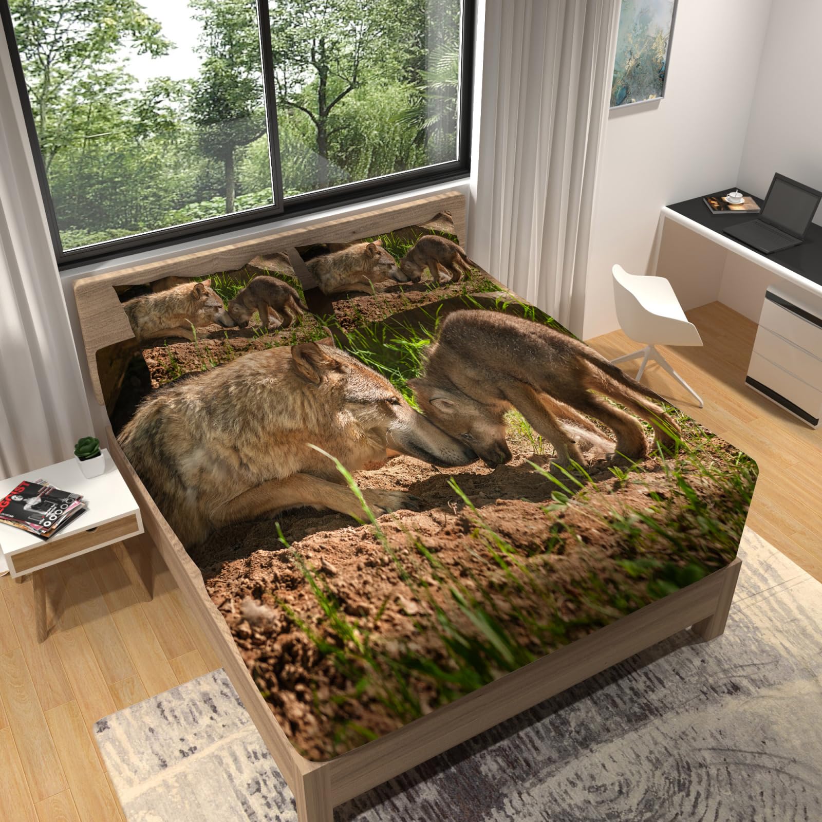 Drap housse 140x190 avec drap plat et taies d'oreillers verdure