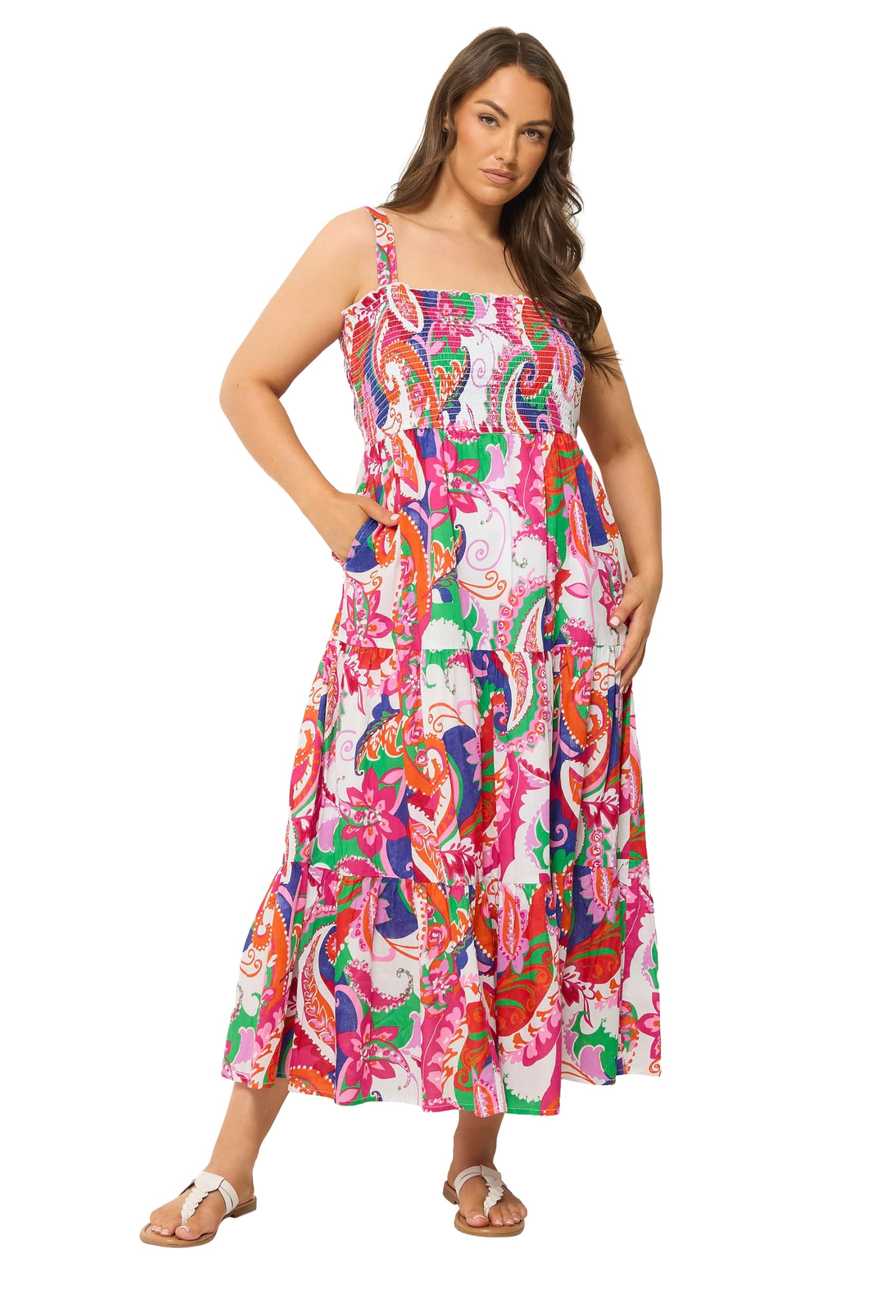 Yours Women's Multi Curve Pink Abstract Shirred Sundress - Plus Size Curve
