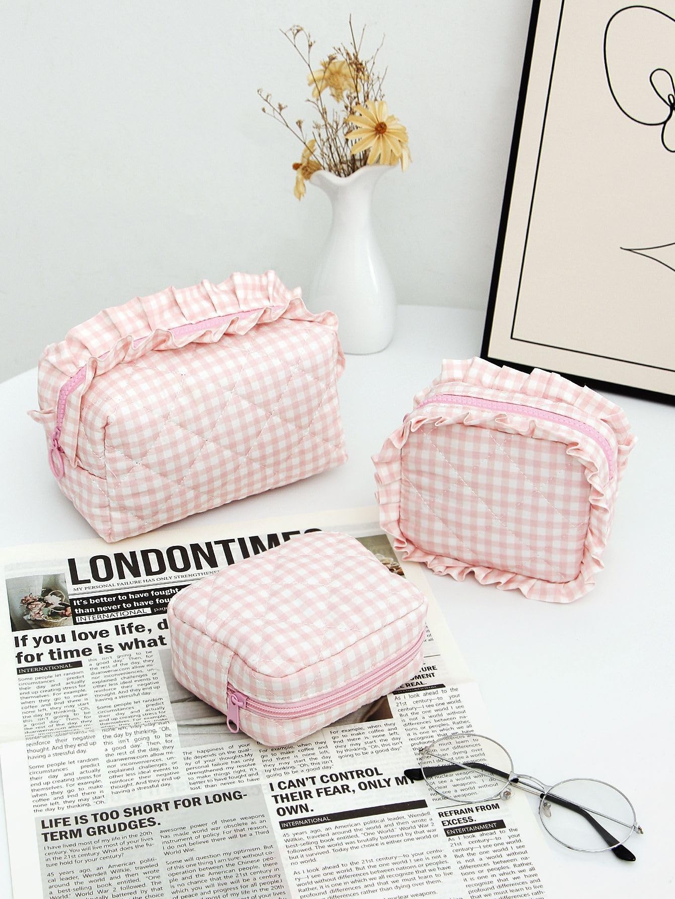 porta trucchi Set di 3 borse for il trucco con stampa e volant, borsa da viaggio portatile con cerniera, organizer for regali da viaggio beauty case(Roze)