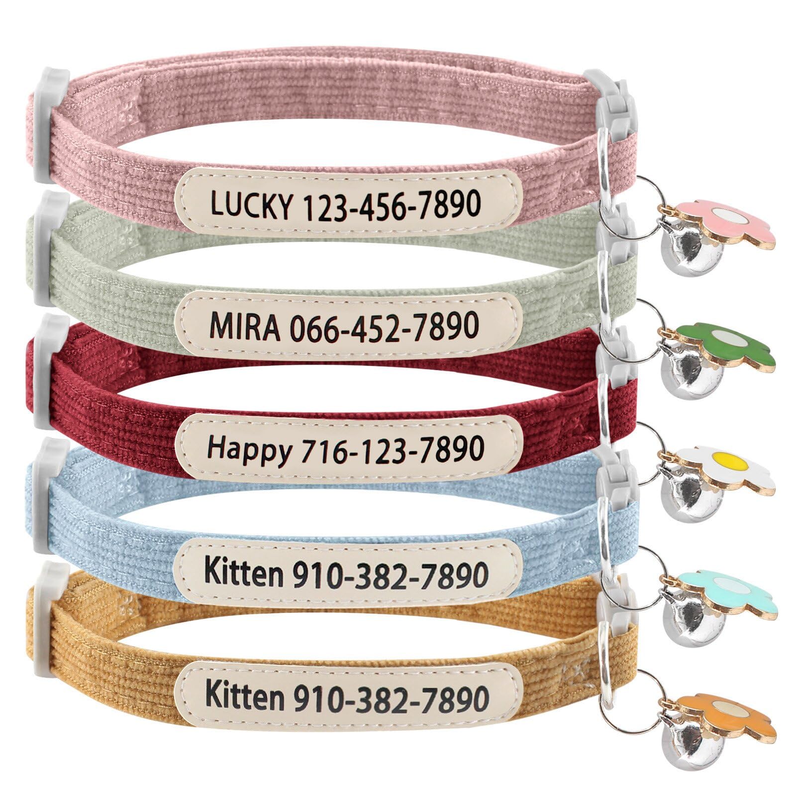 Personalized Cat Collar with Bell - Custom Kitten Breakaway Collars with UV Printed Pet Name and Phone Number Adjustable and Stylish (Corduroy)