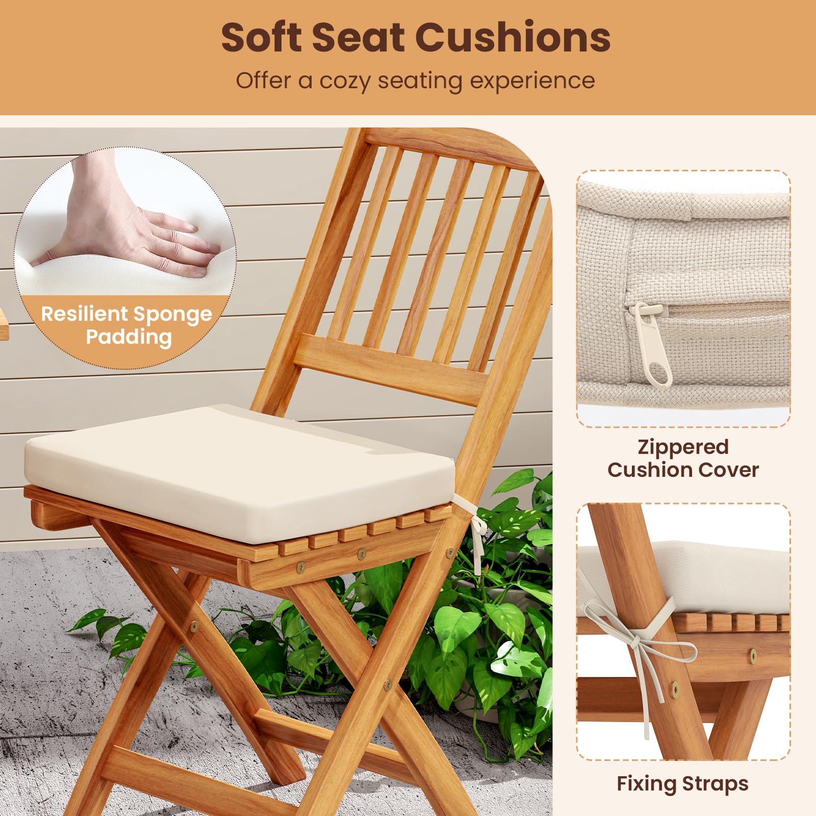 GIANTEX Juego de Bistró 3 Piezas Plegables, Mesa Cuadrada y 2 Sillas de Madera de Acacia con 2 Cojines de Asiento Desmontables, Conjunto de Muebles para Jardín, Balcón, Patio (Listones Verticales)