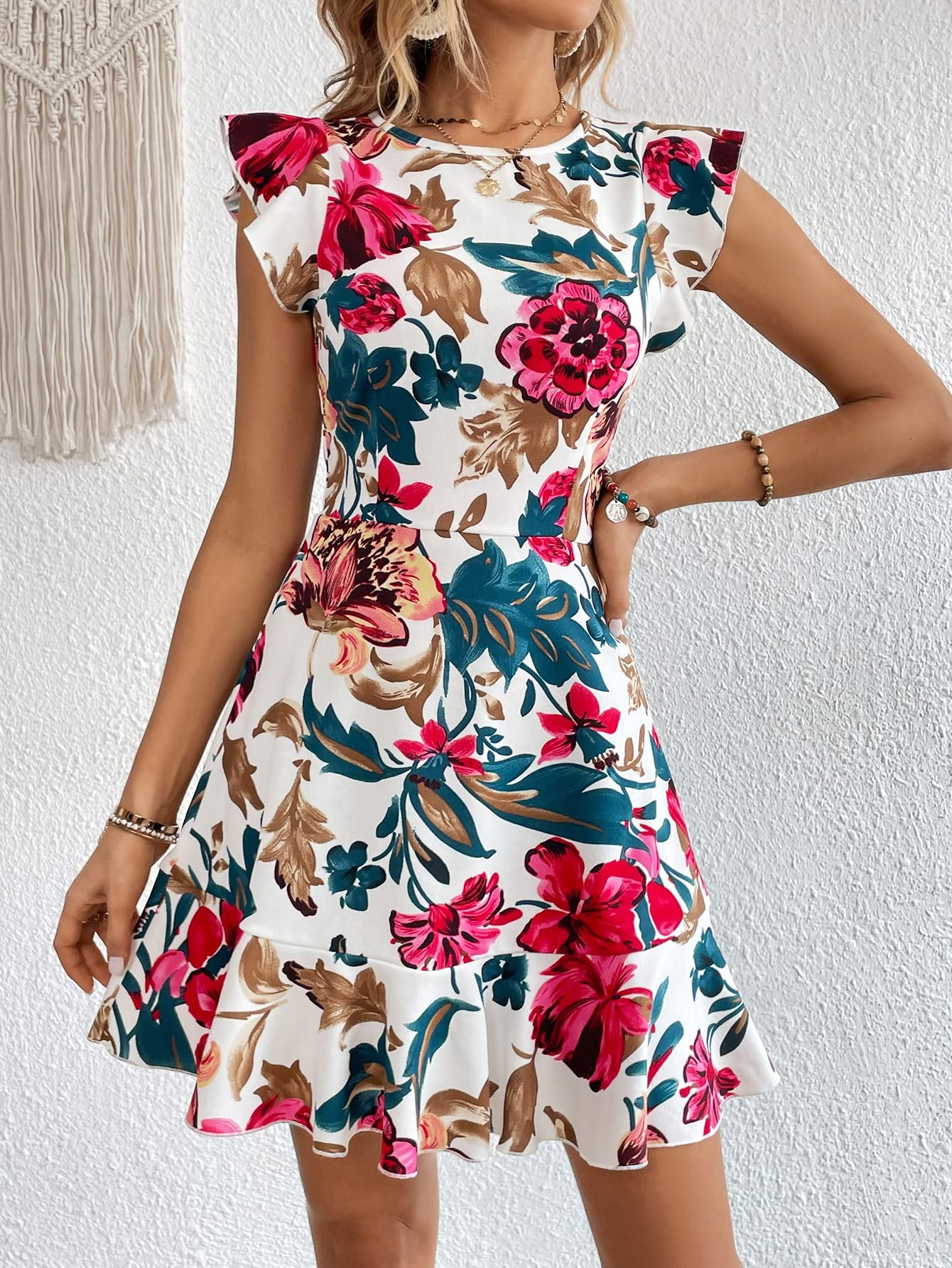 Shasmi Girl's & Women's White Floral Print Cap Sleeve Ruffle Trim Short Dress Summer Boho One Piece Mini Dress For Women Stylish Dresses (Midi 170 White-L)