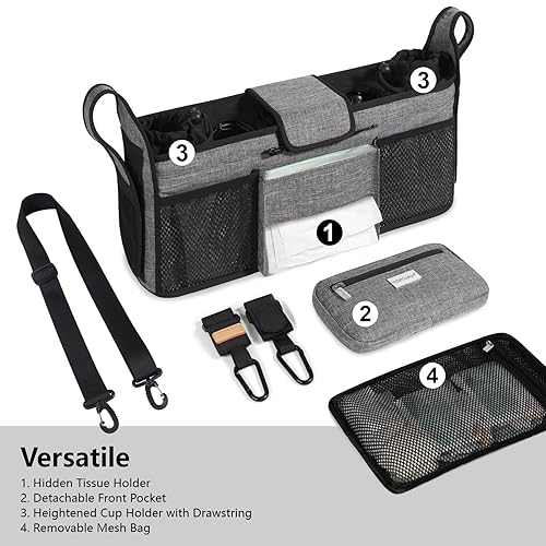 Miniatura 4 de TOPDesign Organizador universal para cochecito de bebé, carrito doble con bolsa de malla desmontable y portavasos aislados elevados y accesorios de