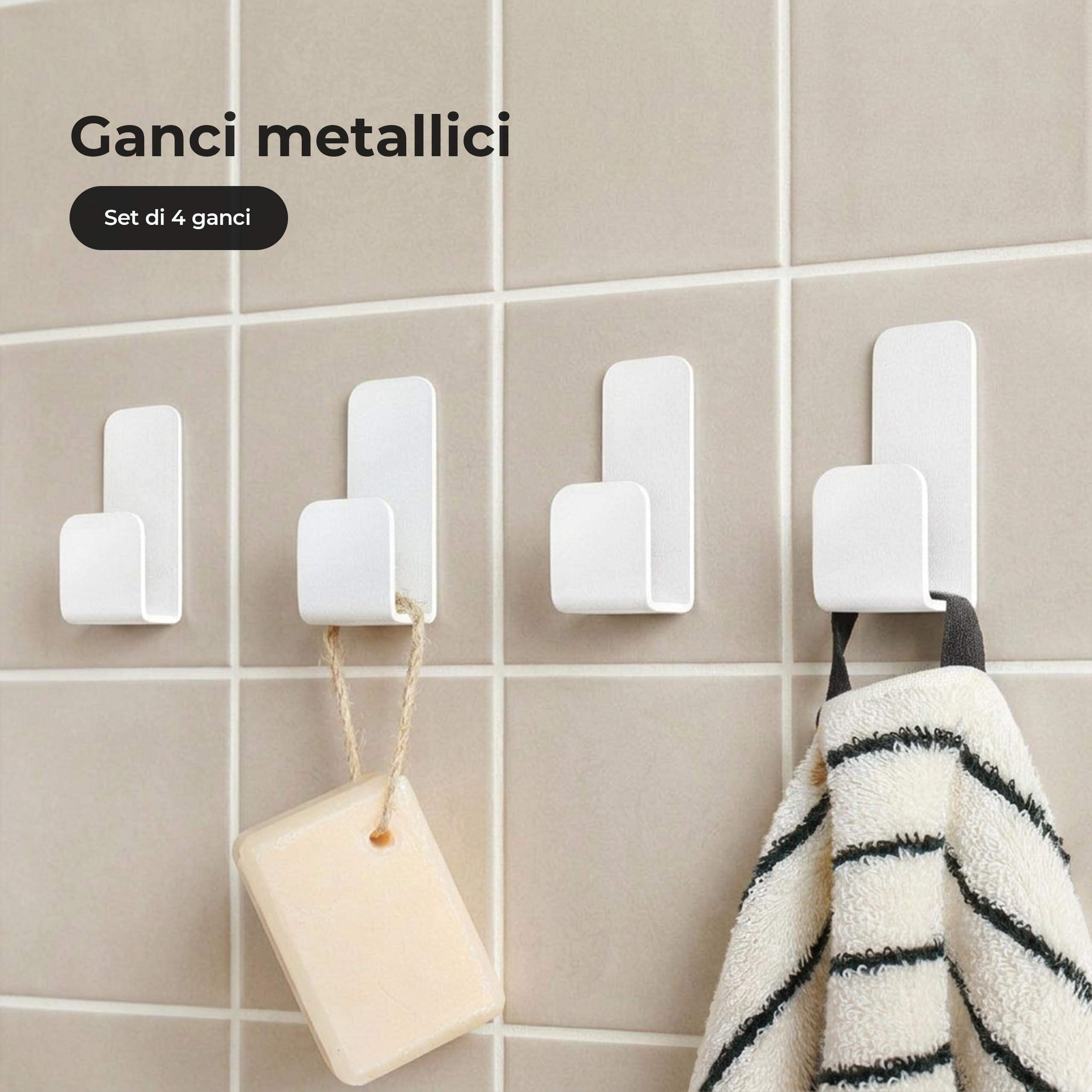 Set 4 Ganci Adesivi Bagno | Appendi Accappatoio Bagno Adesivo | Appendi Strofinacci Cucina | Ganci per Asciugamani Bagno | Appendi Asciugamani Bagno Adesivo Bianco