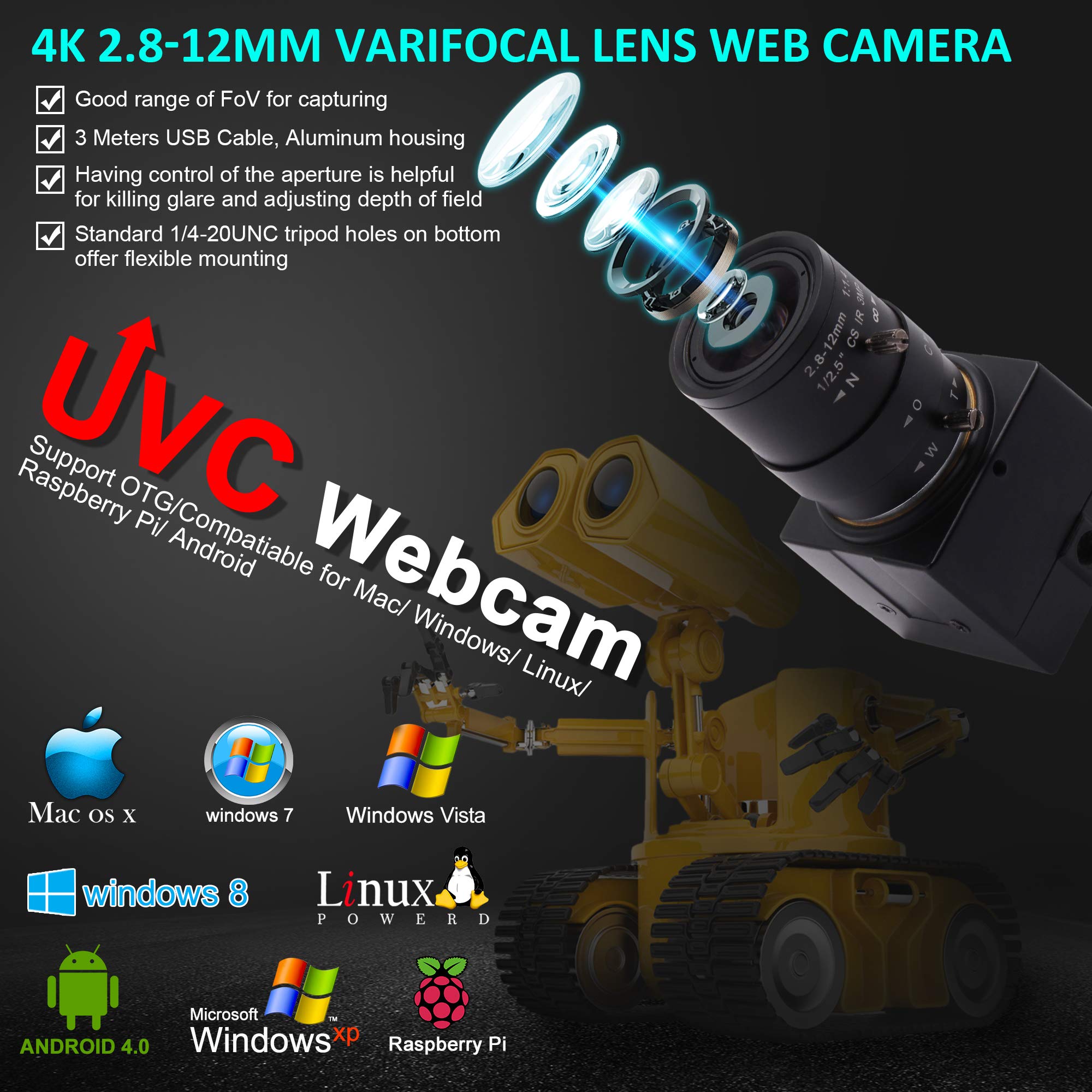 ELP Cámara web 4K Ultra HD 2160P con lente de enfoque manual óptico gran angular de 2.8-12 mm, sensor IMX415 con zoom USB para videoconferencia, Plug and Play para Windows, Linux, Mac