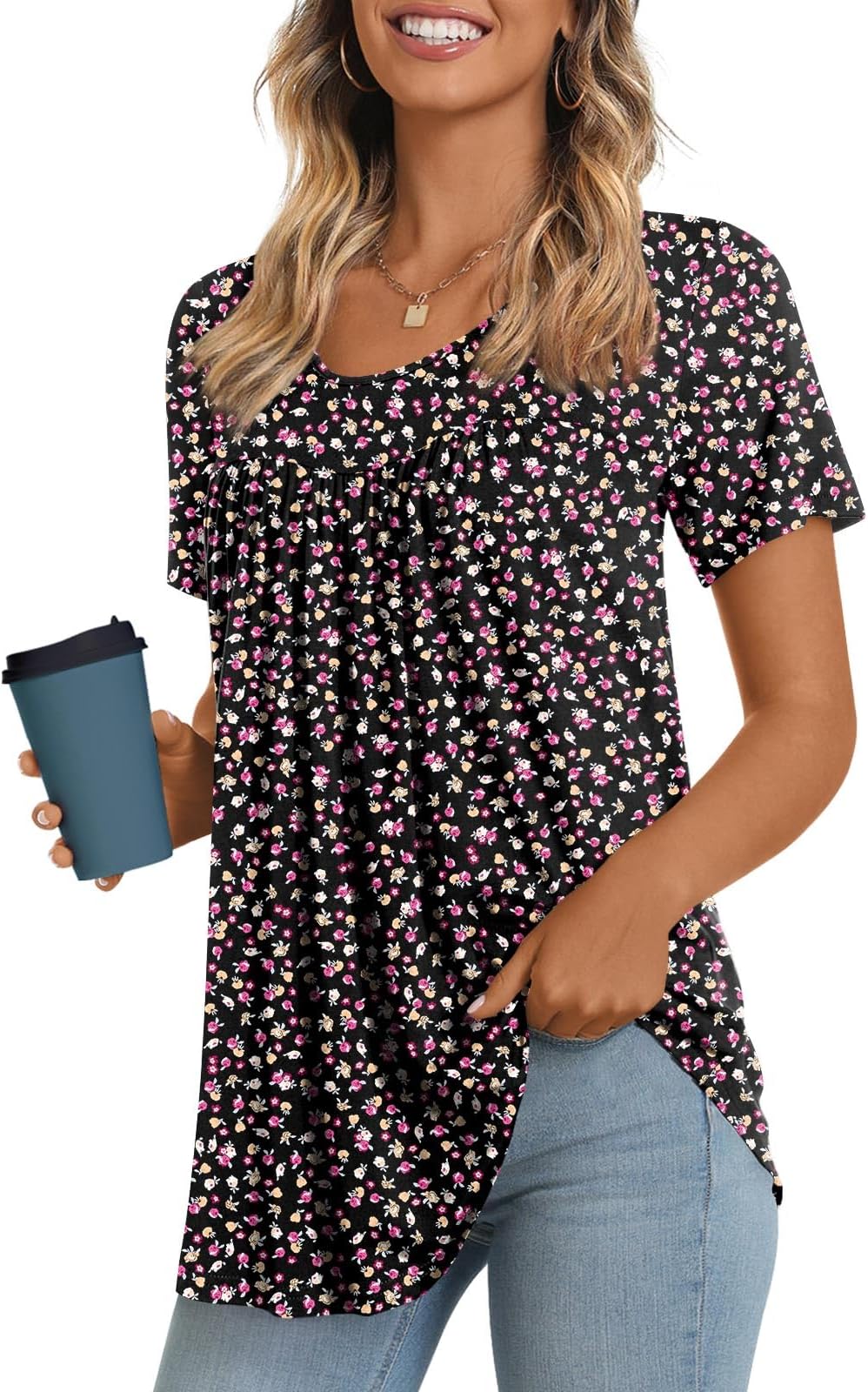 LONGYUAN Womens Tunic Tops 2026 Short Sleeve Shirts Summer Casual Tee Comfy Blouses S-4XL