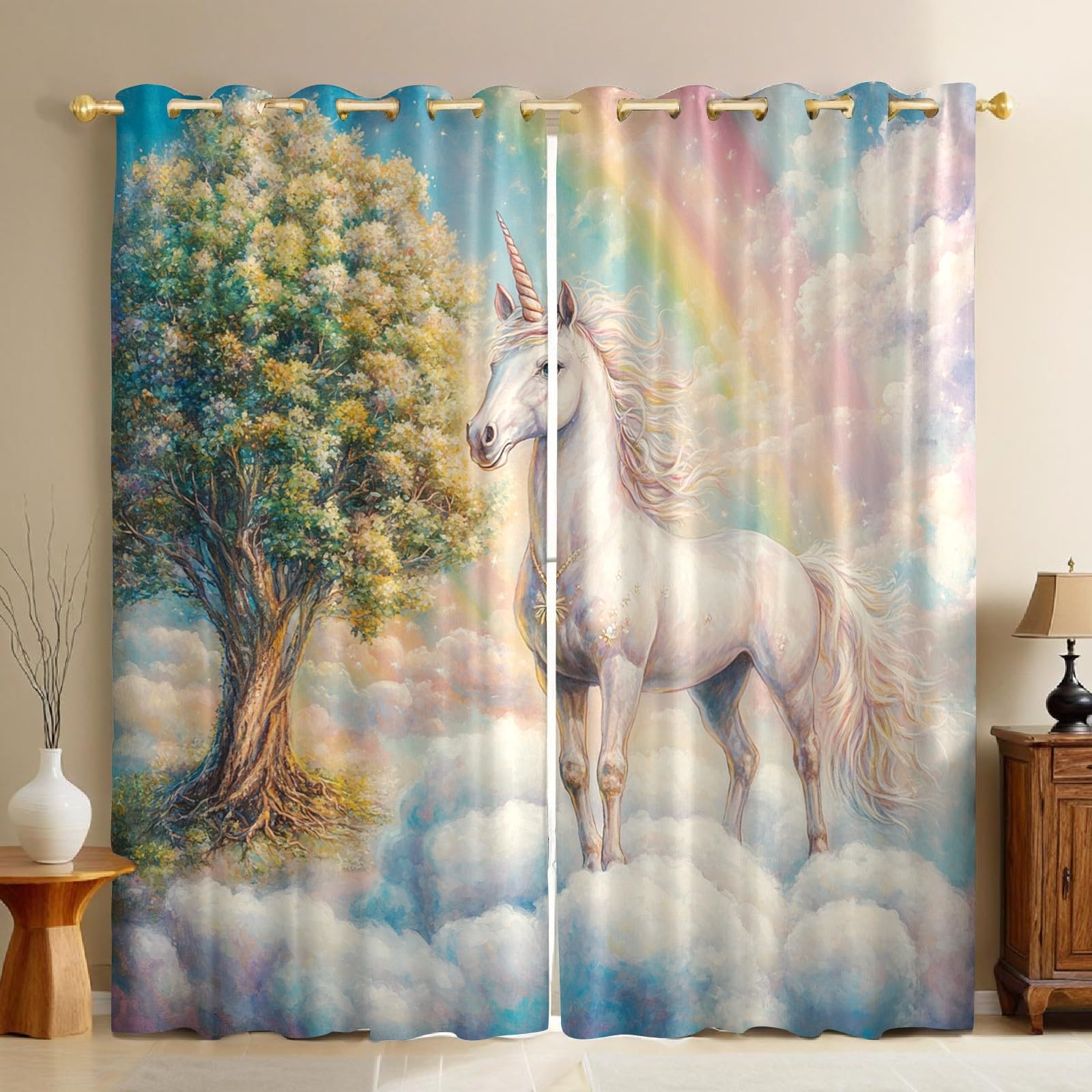 Chambre Rideaux Occultants Licorne Isolation Thermique,Impression Blanc À Œillets pour Fenêtre,Chambre et Salon,2 Panneaux,117L X 183H cm