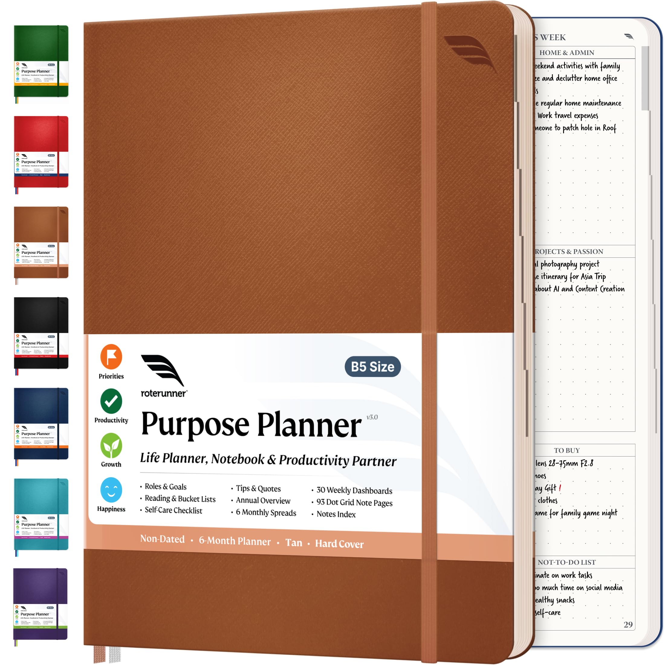 Roterunner 2024 B5 Purpose Planner Notebook 7.5'x9.8' Undated Daily Weekly Monthly Productivity Goal Setting Tool for Work Home ADHD Planner Adult Self Care Journal