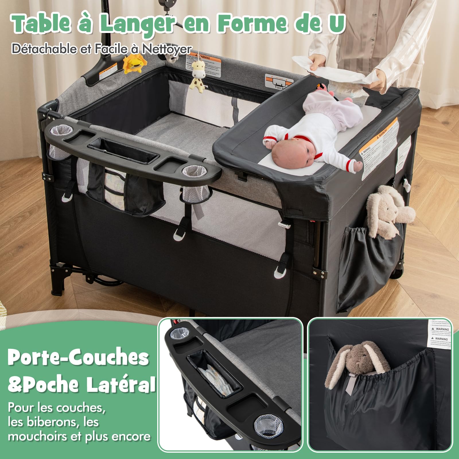 DREAMADE 5 en 1 Lit Parapluie Bébé 125x65x78CM avec Matelas,Lit Cododo Tout-Petites 0-3 Ans avec Hauteur Réglable,Boîte à Musique,Roues avec Freins,Table à Langer,Porte-Couches,Jouets (Nouveau, Noir)