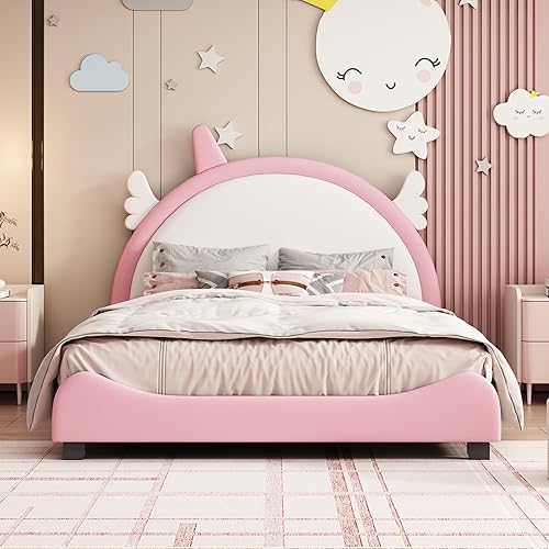 Miniatura 43 de Cama de princesa tapizada en forma de conejo de tamaño matrimonial con cabecero y estribo, plataforma tapizada de piel sintética para niños y