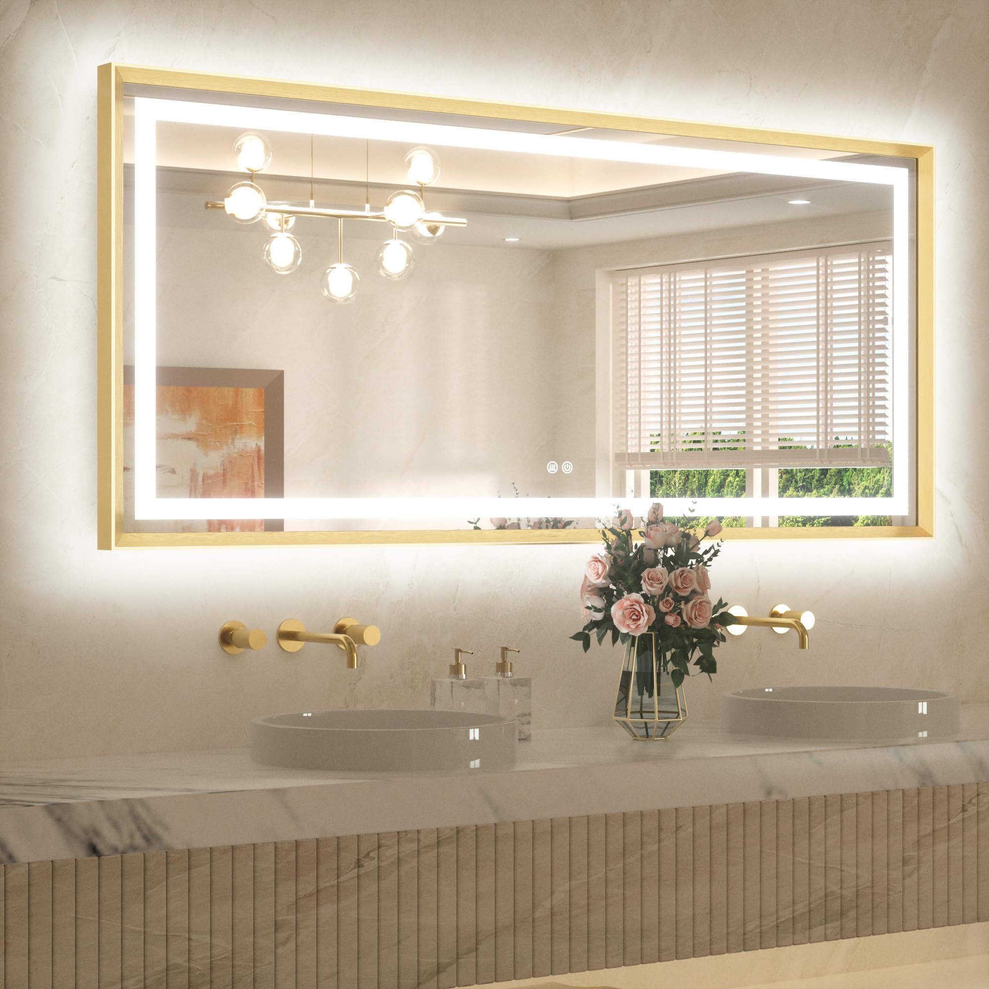 TETOTE 60 x 28 Bathroom Mirror Brushed Gold Metal Frame Frontlit & Backlit Vanity Mirror 3 Colors White/Warm/Natural Stepless Dimmable Anti-Fog Bathroom Mirrors for Vanity Wall-Mounted