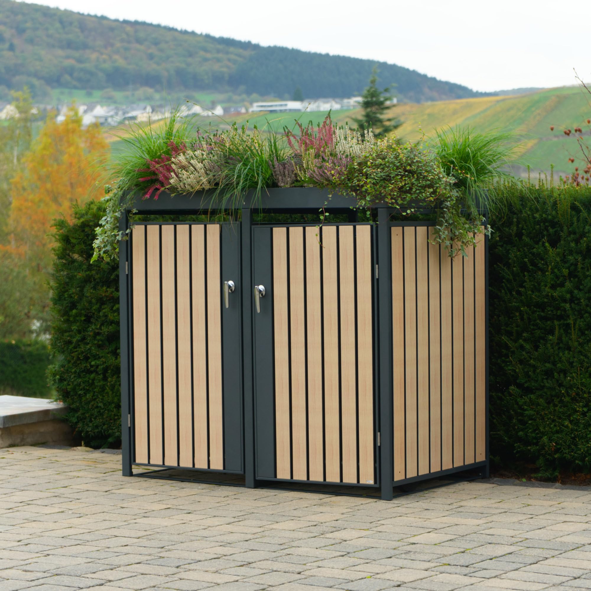 Zelsius Mülltonnenbox 4er mit Pflanzdach für 4 Tonnen | 120-240 Liter | Anthrazit RAL 7016 | Tür in Holzoptik inkl. Erweiterungsmöglichkeit | Aufbewahrungsbox für Mülltonnen, Müllbox