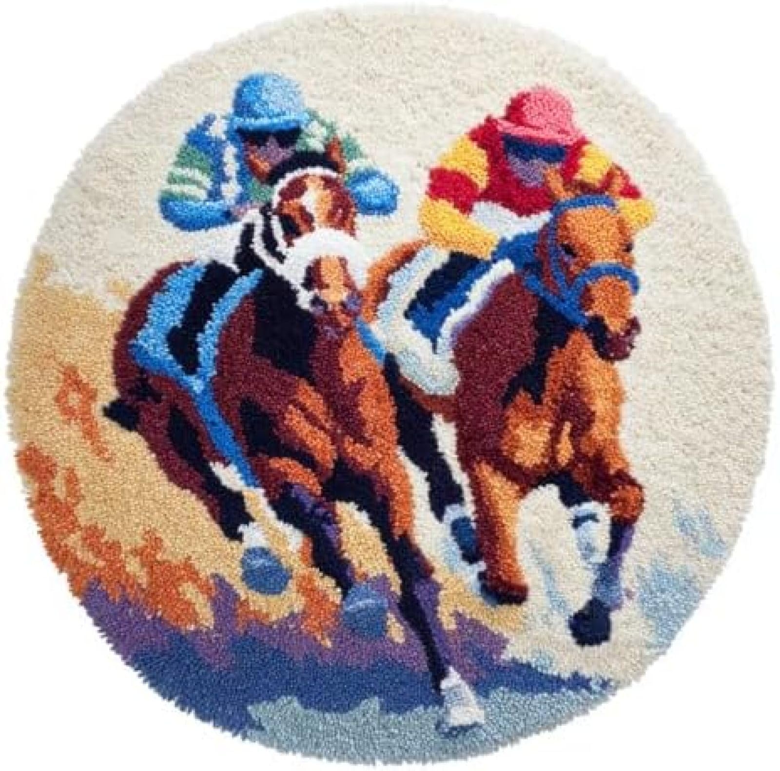 XDEGHUANGSS Latch Hook Rug Kit Two Horse Racing Round Rug 52x52cm