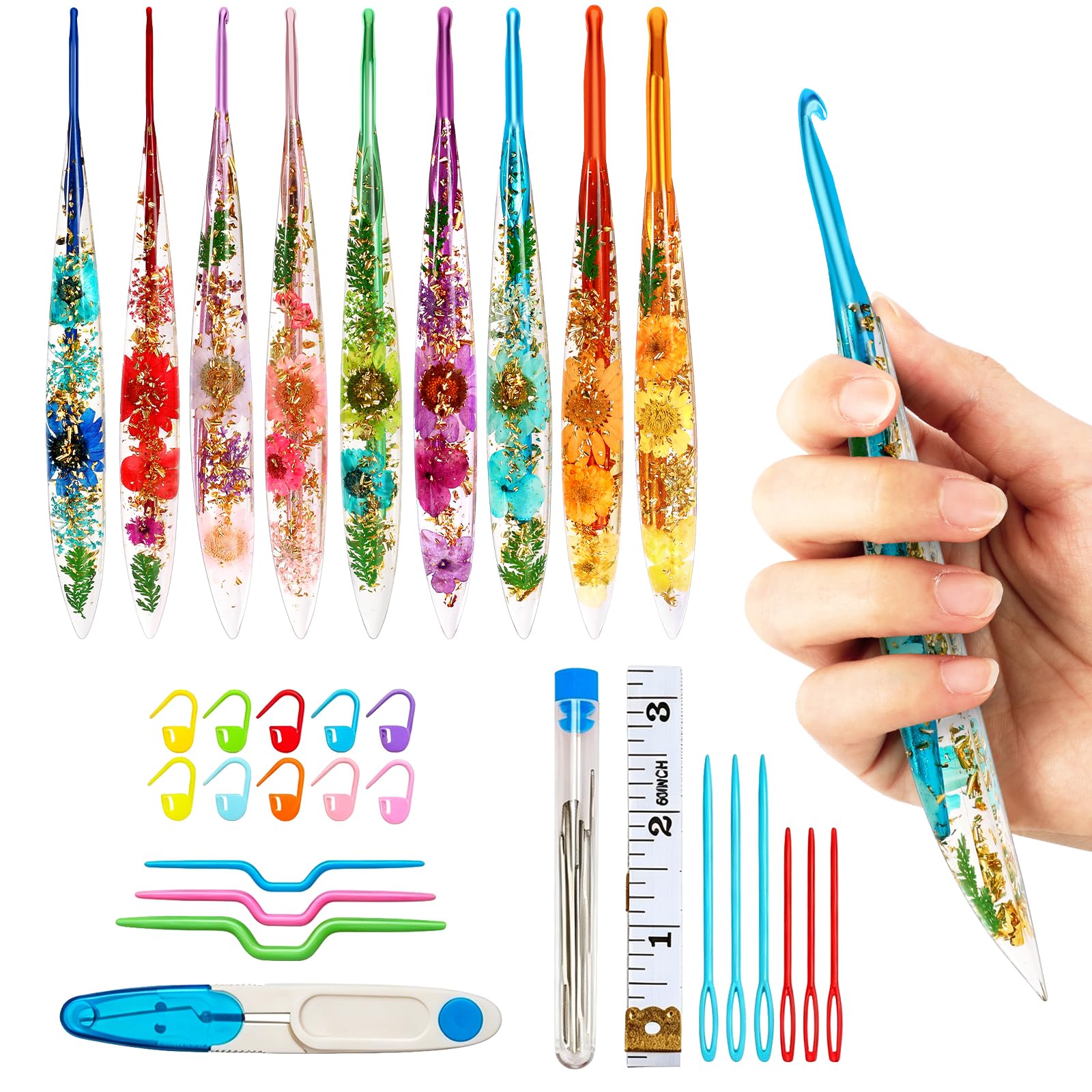 Häkelnadel Set, 9 Stück Häkelset für Anfänger Erwachsene, 2-6 mm Häkel Set Stricknadeln mit Ergonomische Epoxidharz Comfort Grip, Weichen Griff Häkelnadeln mit Funkelndem Blumenmuster