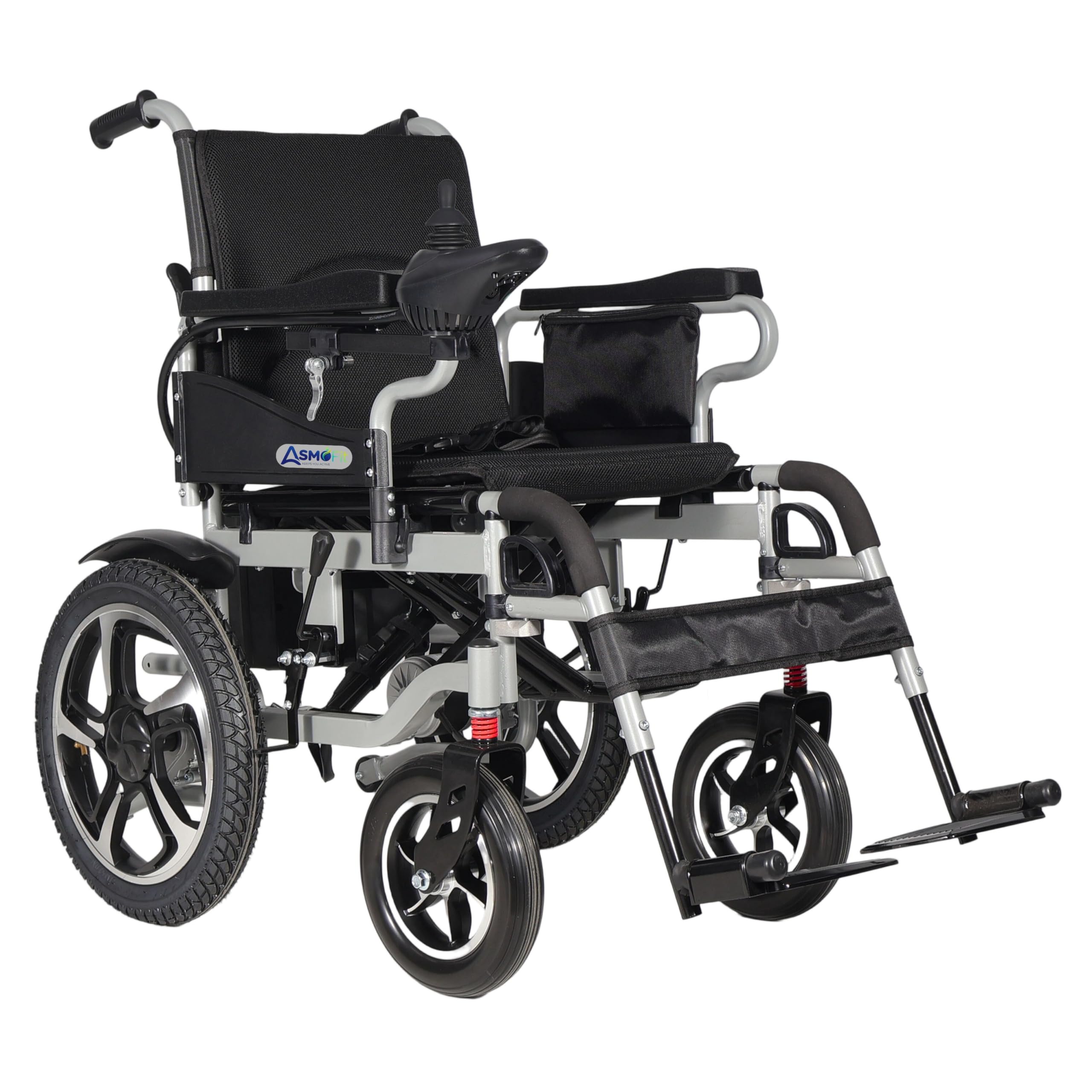 Asmofit Zipmax Foldable Electric Wheelchair for Seniors | 360° Joystick Control, Lightweight, Anti-Tipper Wheels, Flip-Up Armrests, Reliable Side Brake, and 24V 10AH Lithium Ion Battery for Enhanced Mobility Power Wheelchair - Silver
