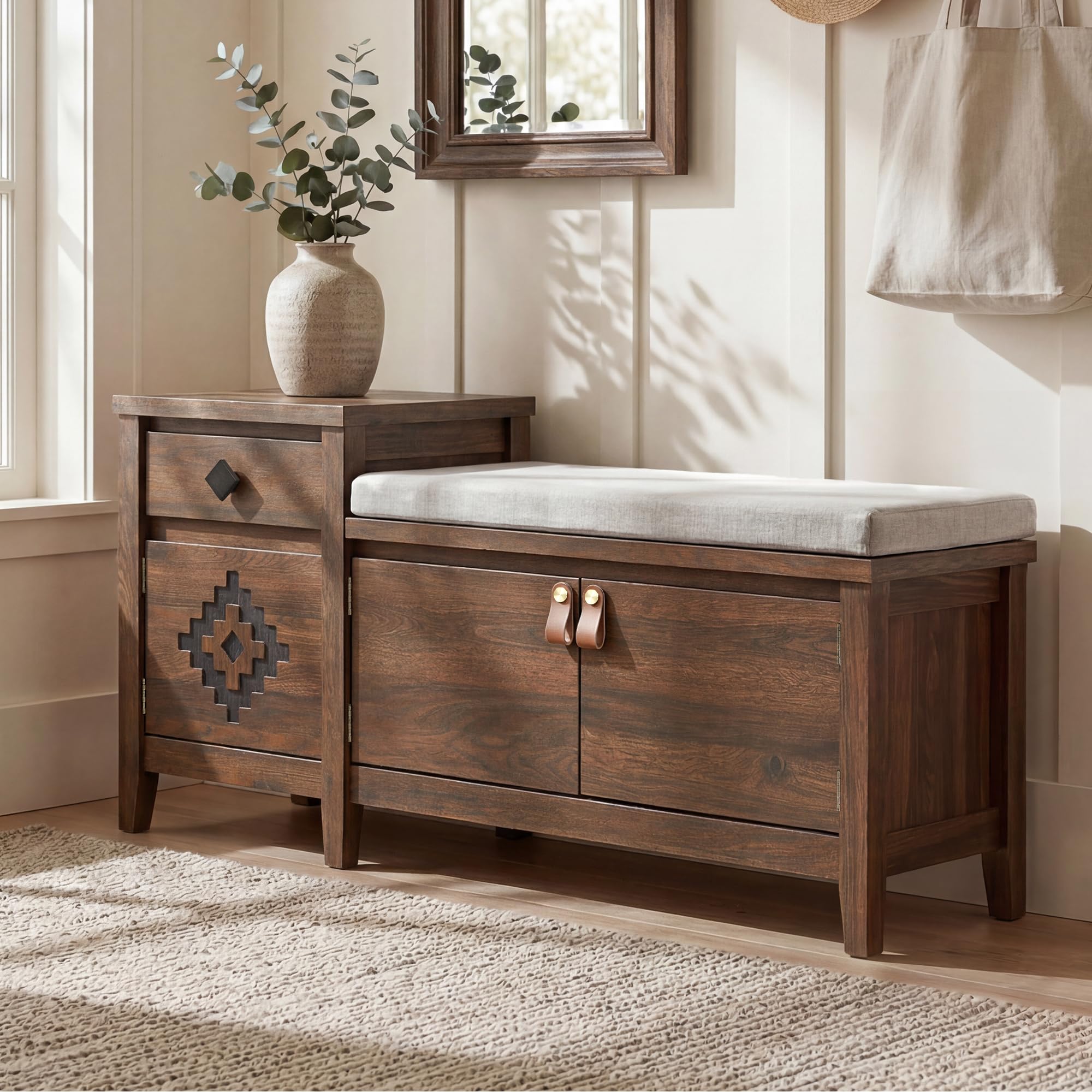 Rustic Entryway Bench with Storage in Walnut