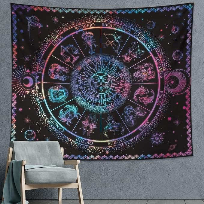 DESIHOM 12 Constellation Zodiac Trippy Psychedelic Sun Tapestry for Bedroom Living Room Dorm Decor 59x51 Inch
